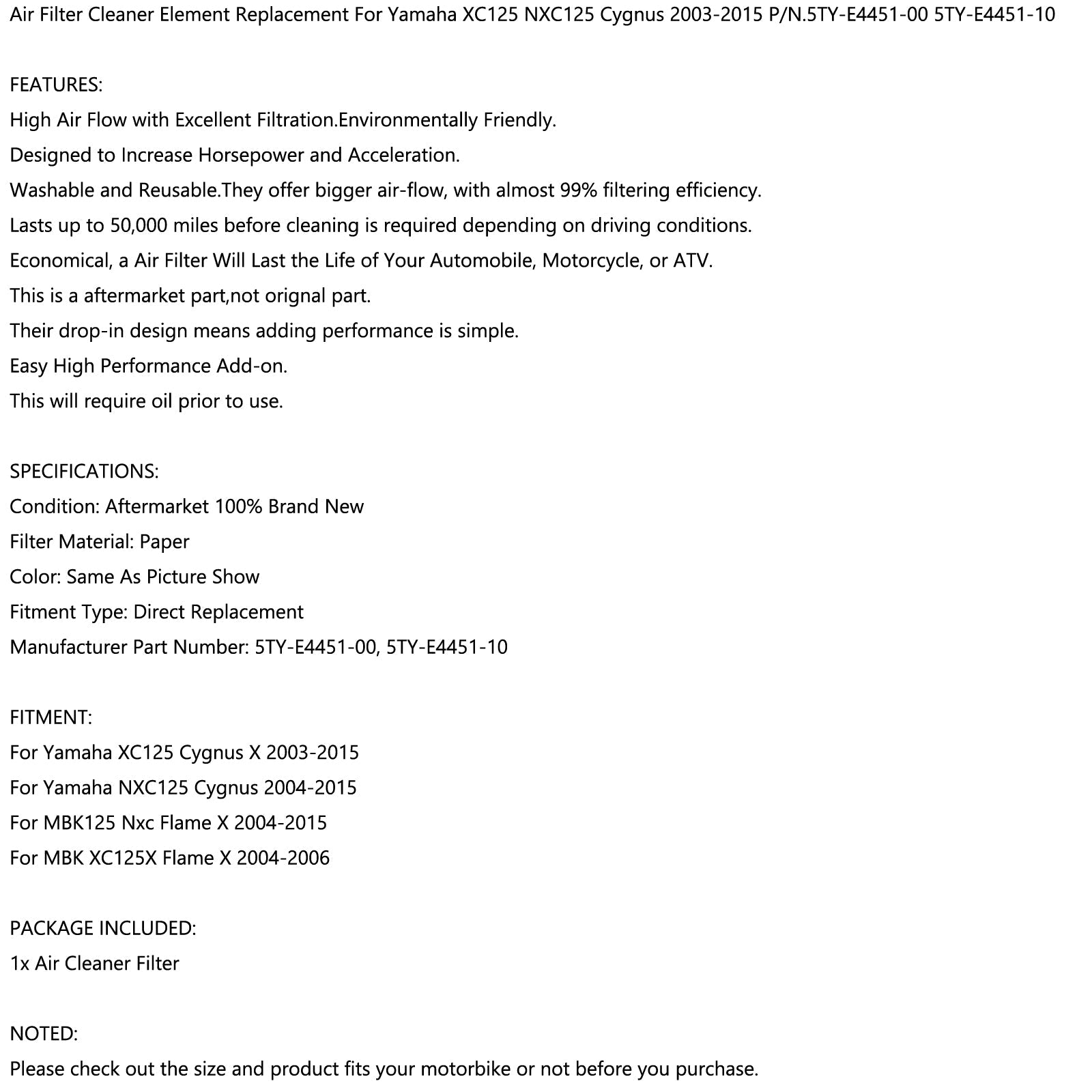 Air Filter Cleaner For Yamaha XC125 NXC125 Cygnus / Flame X 03-15 5TY-E4451-00 Generic