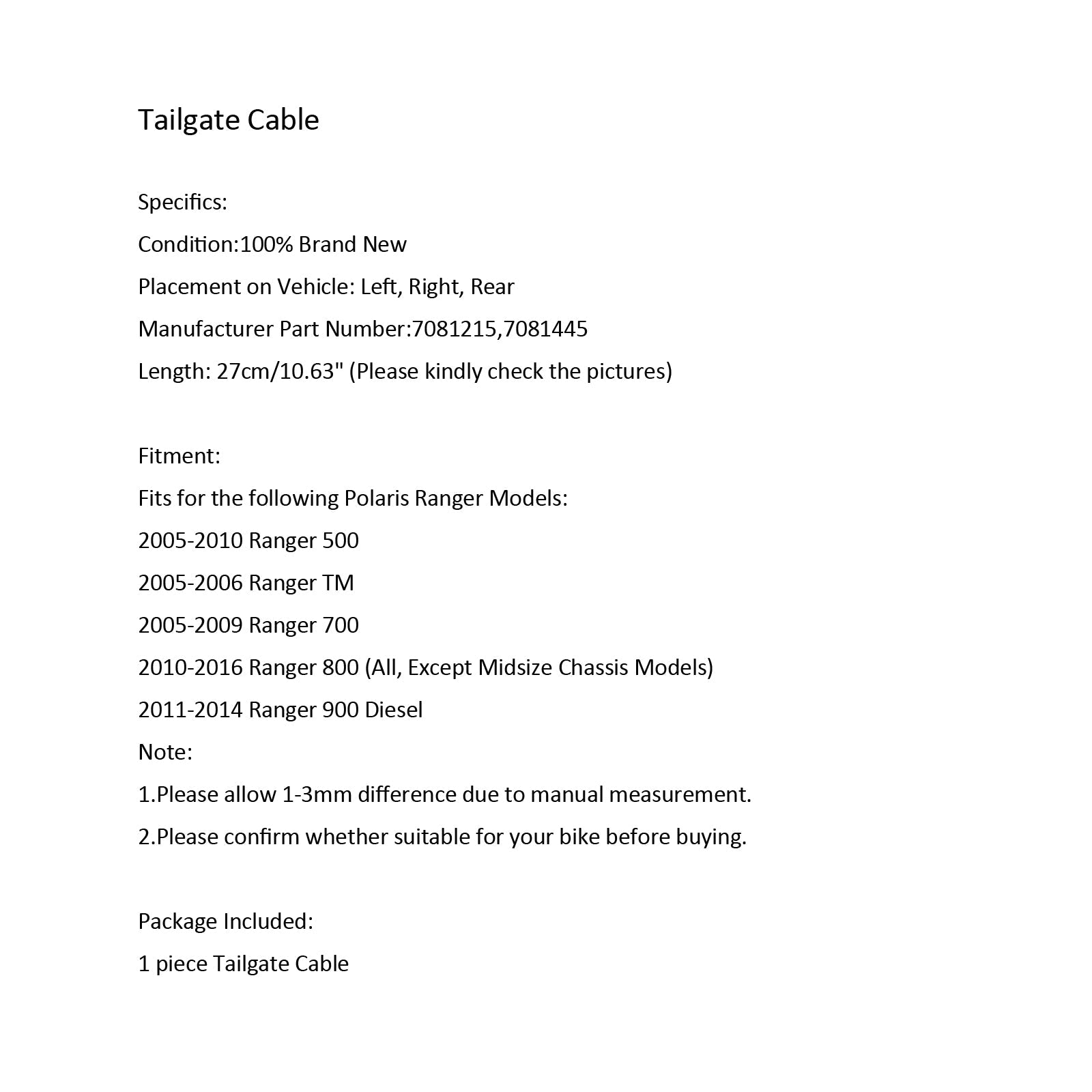 Polaris Ranger 500 700 800 900D(2005-2016)용 테일게이트 케이블 7081215 7081445 일반