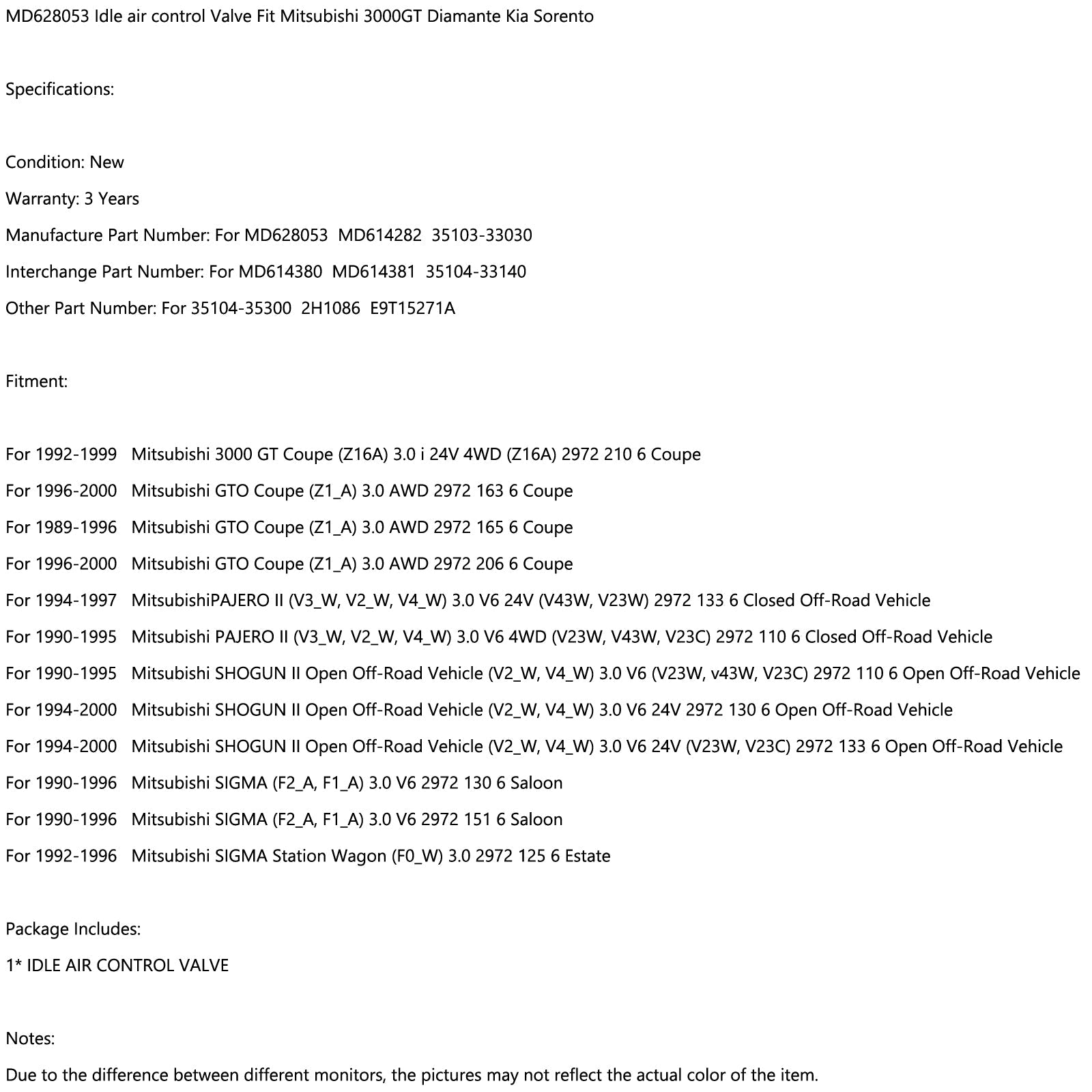 MD628053 Idle air control Valve Fit Mitsubishi 3000GT Diamante Kia Sorento Generic