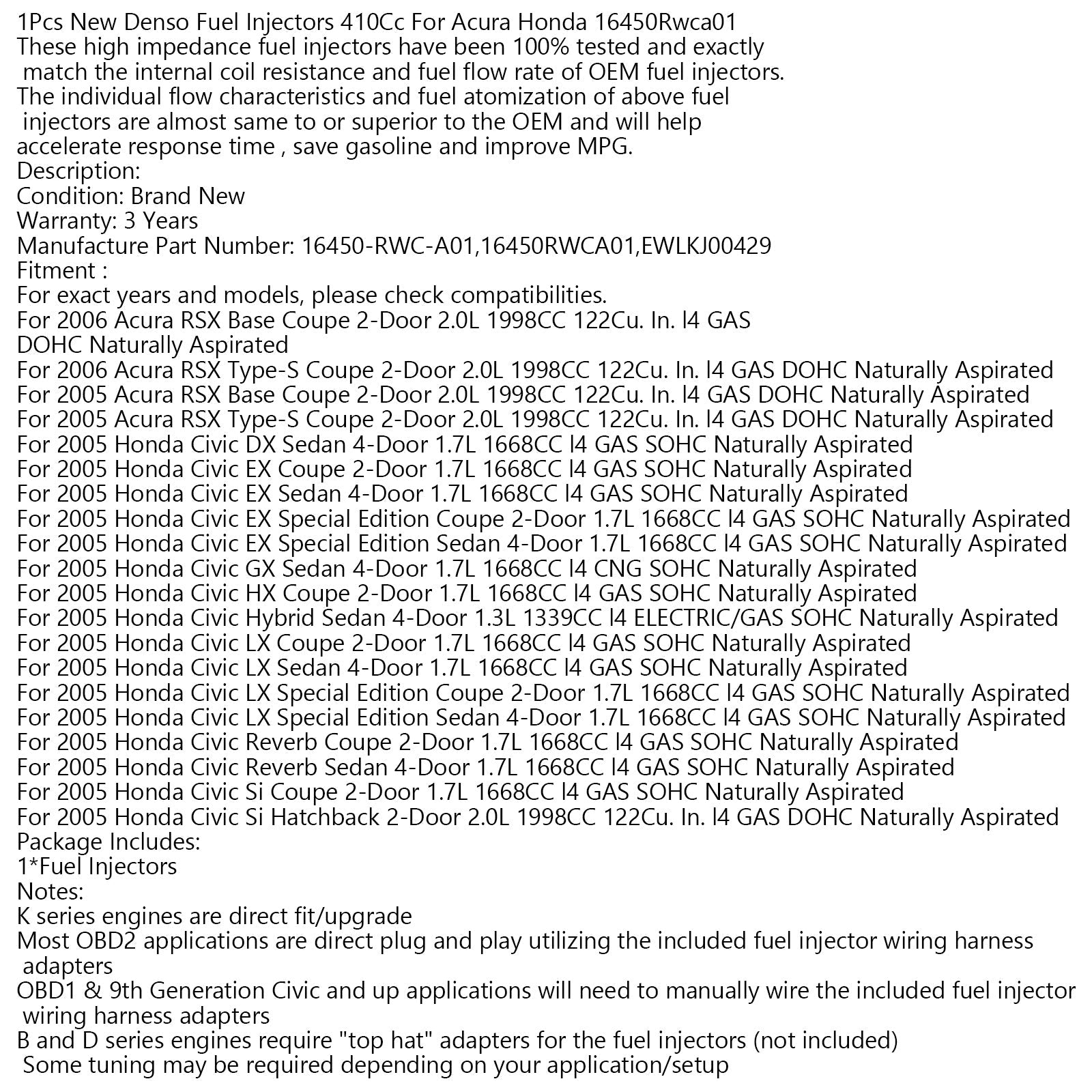 1Pcs New Denso Fuel Injectors 410Cc For Acura Honda 16450Rwca01 Generic