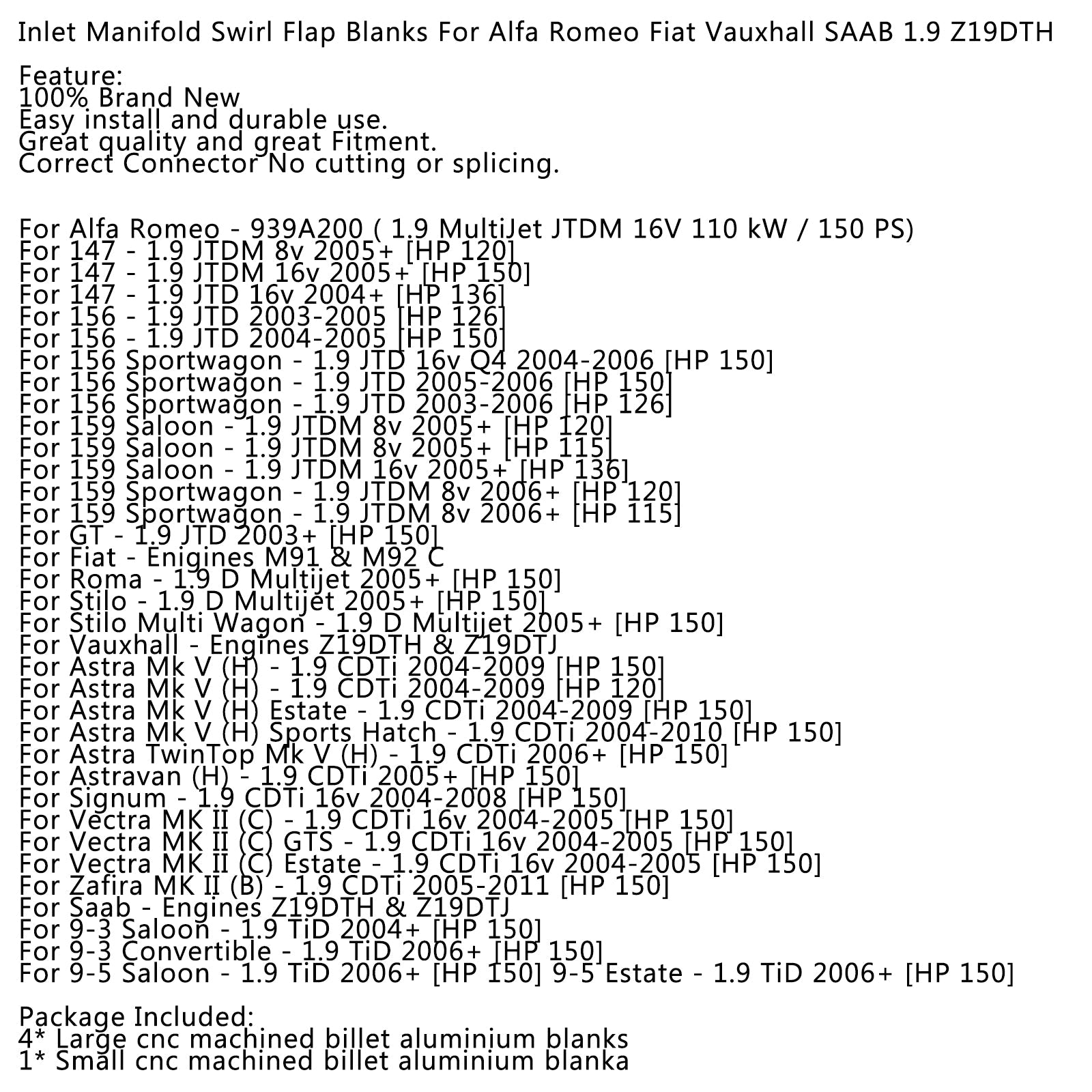 Vauxhall Opel Astra Vectra Zafira용 흡기 인렛 매니폴드 스월 플랩 블랭크 일반