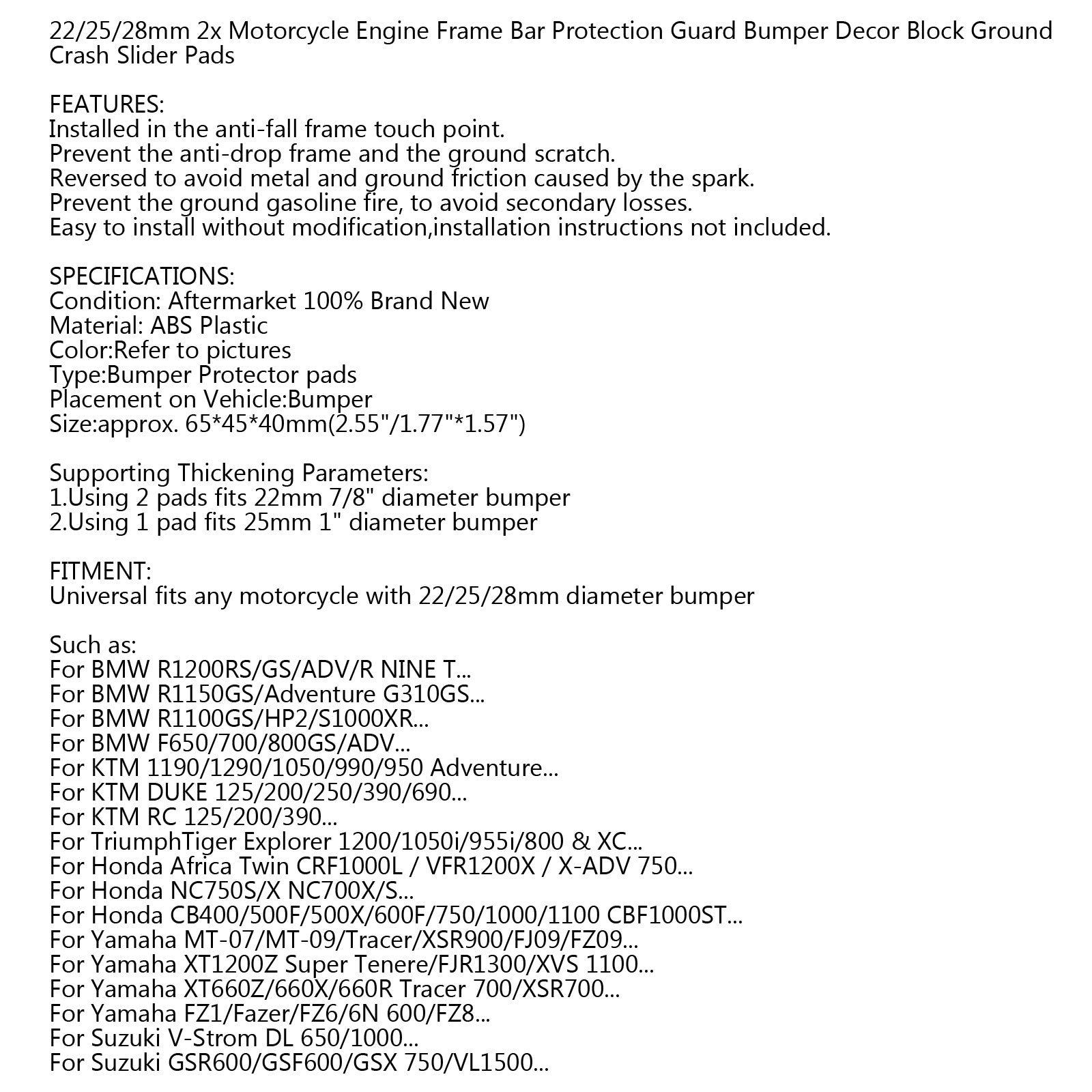 22mm 25mm 28mm 오토바이 엔진 프레임 바 슬라이더 패드 일반