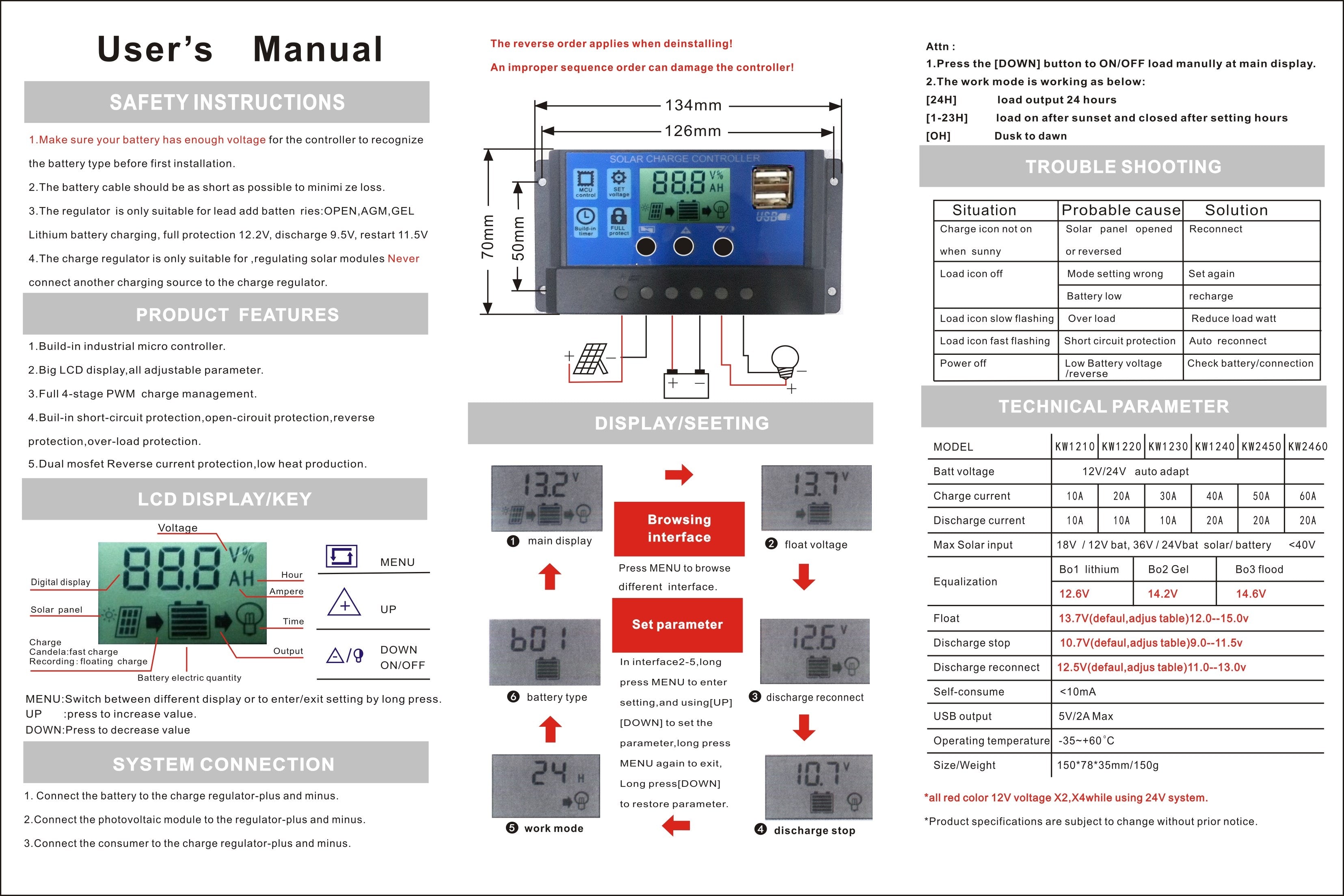 Controller PWM Solar 10-60A 12V24V36V48V60V Auto Focus Tracking Panel Regulator Charge