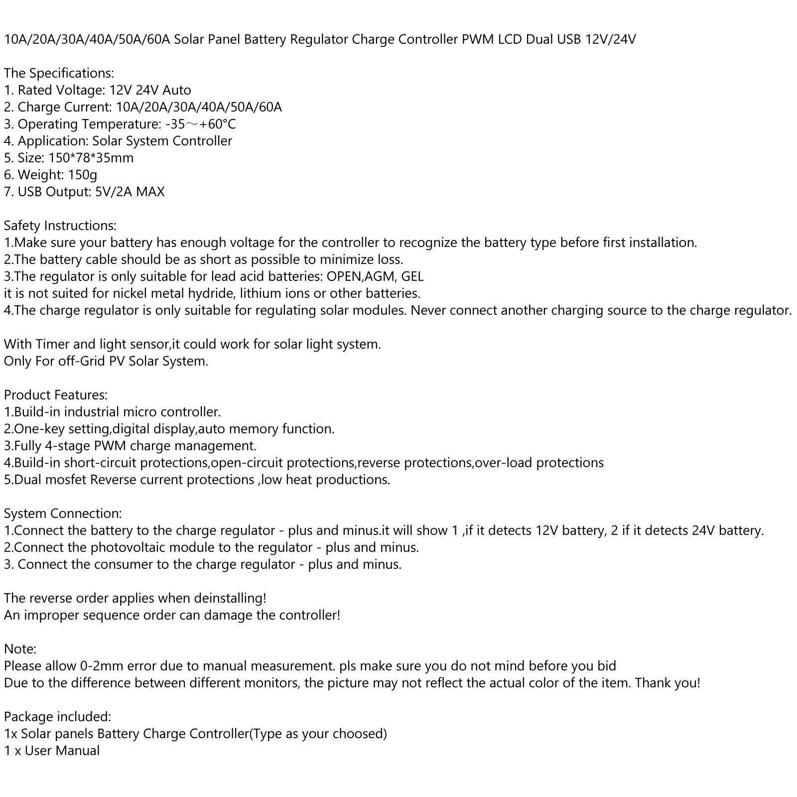 Controller PWM Solar 10-60A 12V24V36V48V60V Auto Focus Tracking Panel Regulator Charge