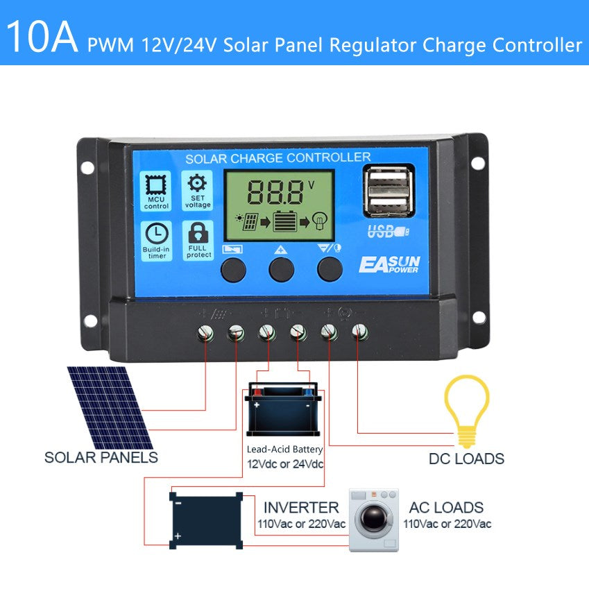 Controller PWM Solar 10-60A 12V24V36V48V60V Auto Focus Tracking Panel Regulator Charge