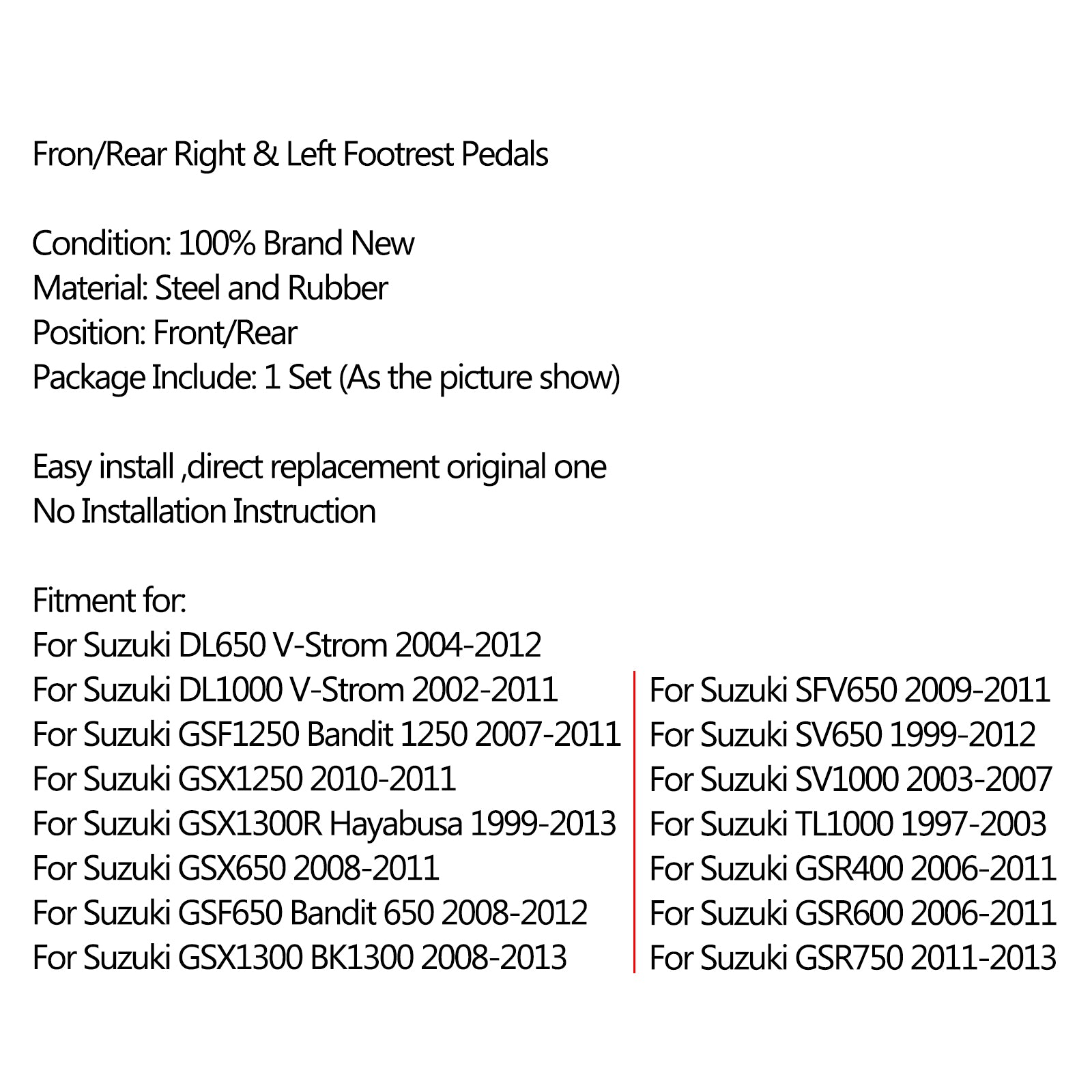 Front / Rear Footrests Foot Pegs For Suzuki 1000 GSX 1250 1300 GSR 600 GSR750 TL1000