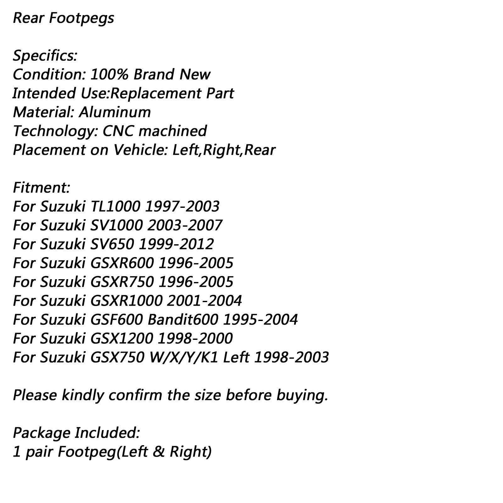 Rear Foot Peg Footrest For Suzuki GSXR600 GSXR 750 1000 SV650 1000 TL1000 Silver Generic