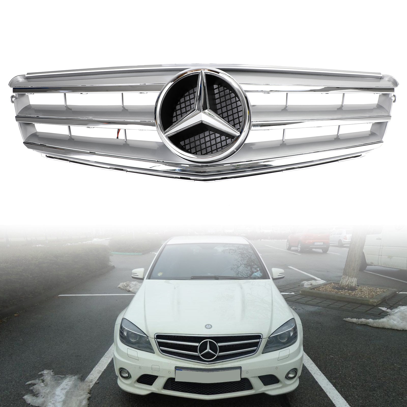 Front Bumper Grille Fit Benz C Class W204 W/LED Emblem C300/C350 2008-2014 Chrome Generic