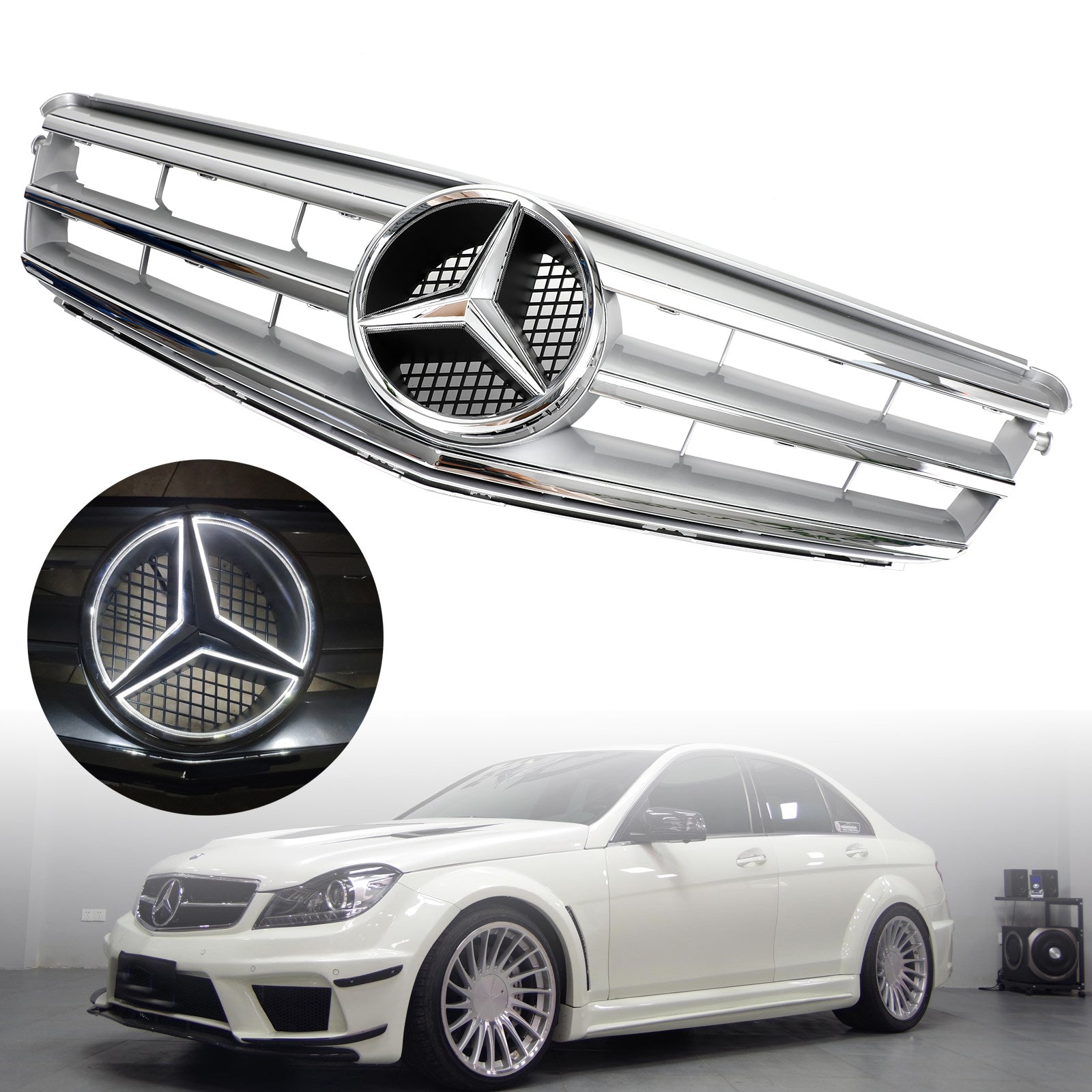 Front Bumper Grille Fit Benz C Class W204 W/LED Emblem C300/C350 2008-2014 Chrome Generic