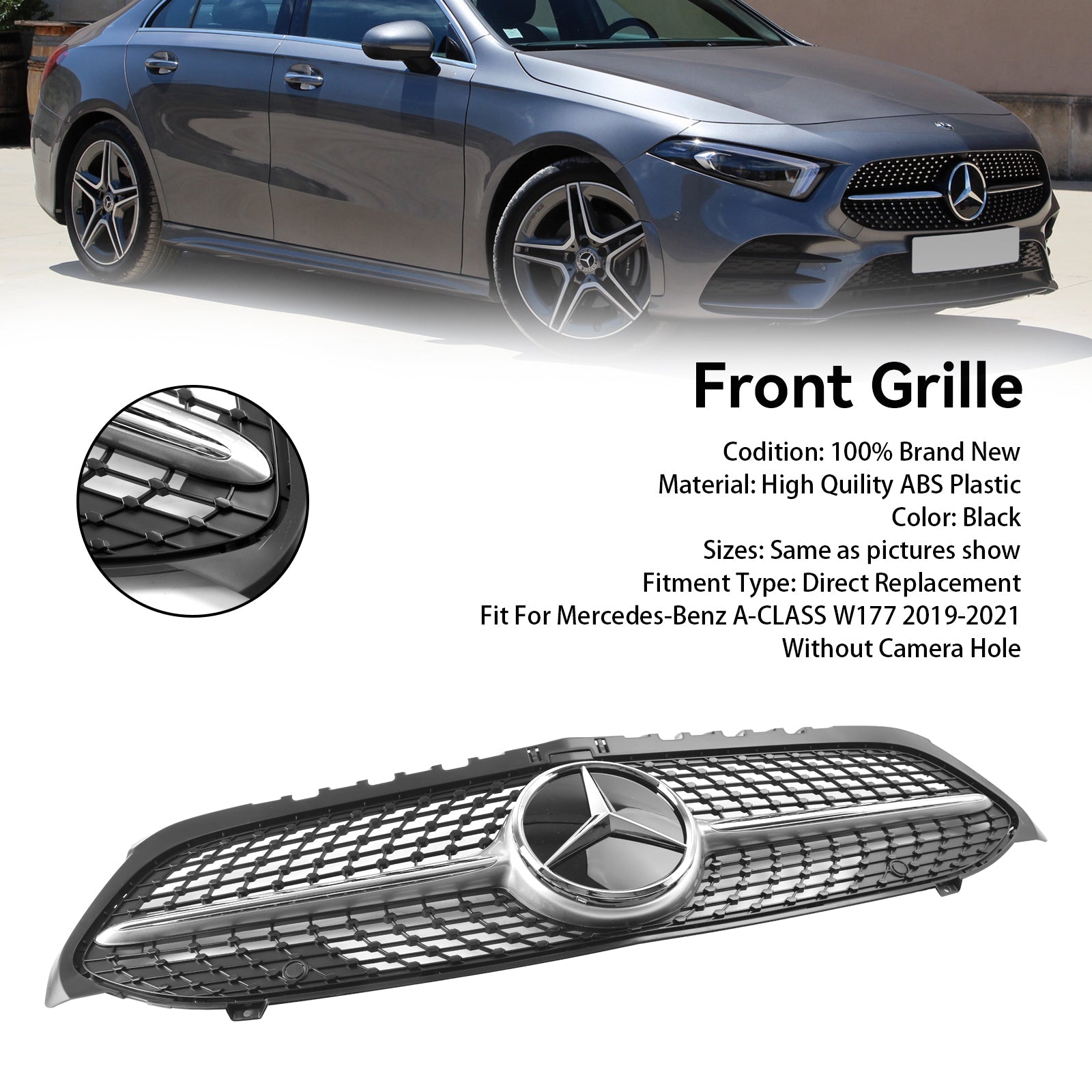 Benz A-Class W177 2019-2023 Black Diamond Front Bumper Grill Grille