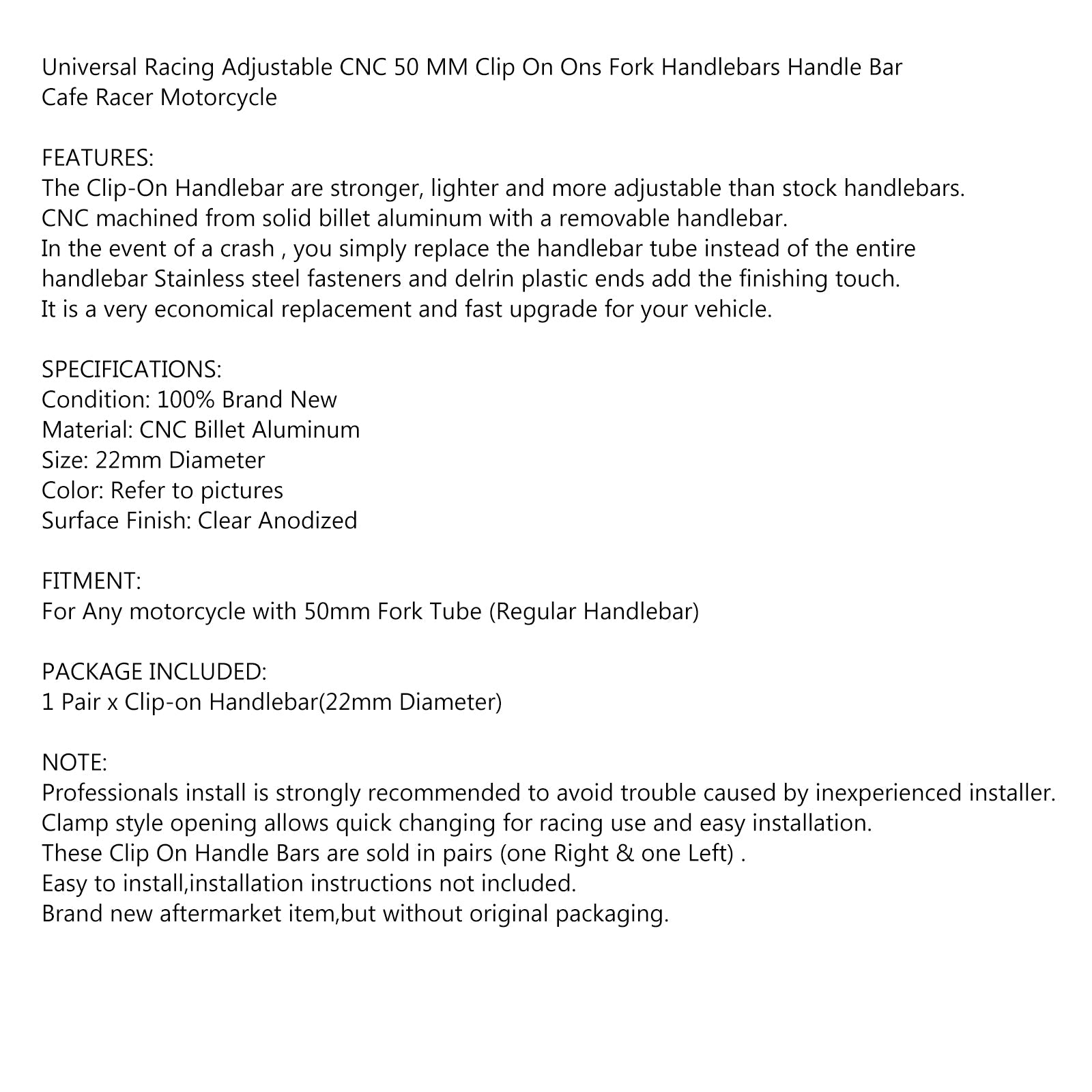 카페 레이서 CNC 7/8 핸들바 레이싱 조절식 50mm 클립온 포크 모터사이클 일반