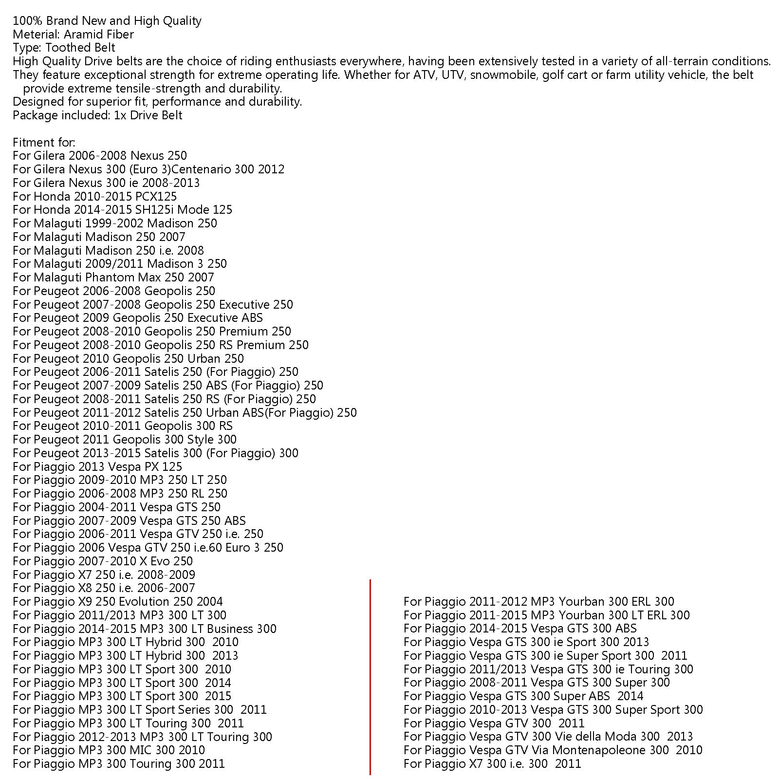 푸조 지오폴리스 250 피아지오 X7 X8 MP3 300 길레라 넥서스 250 300 제네릭용 구동 벨트