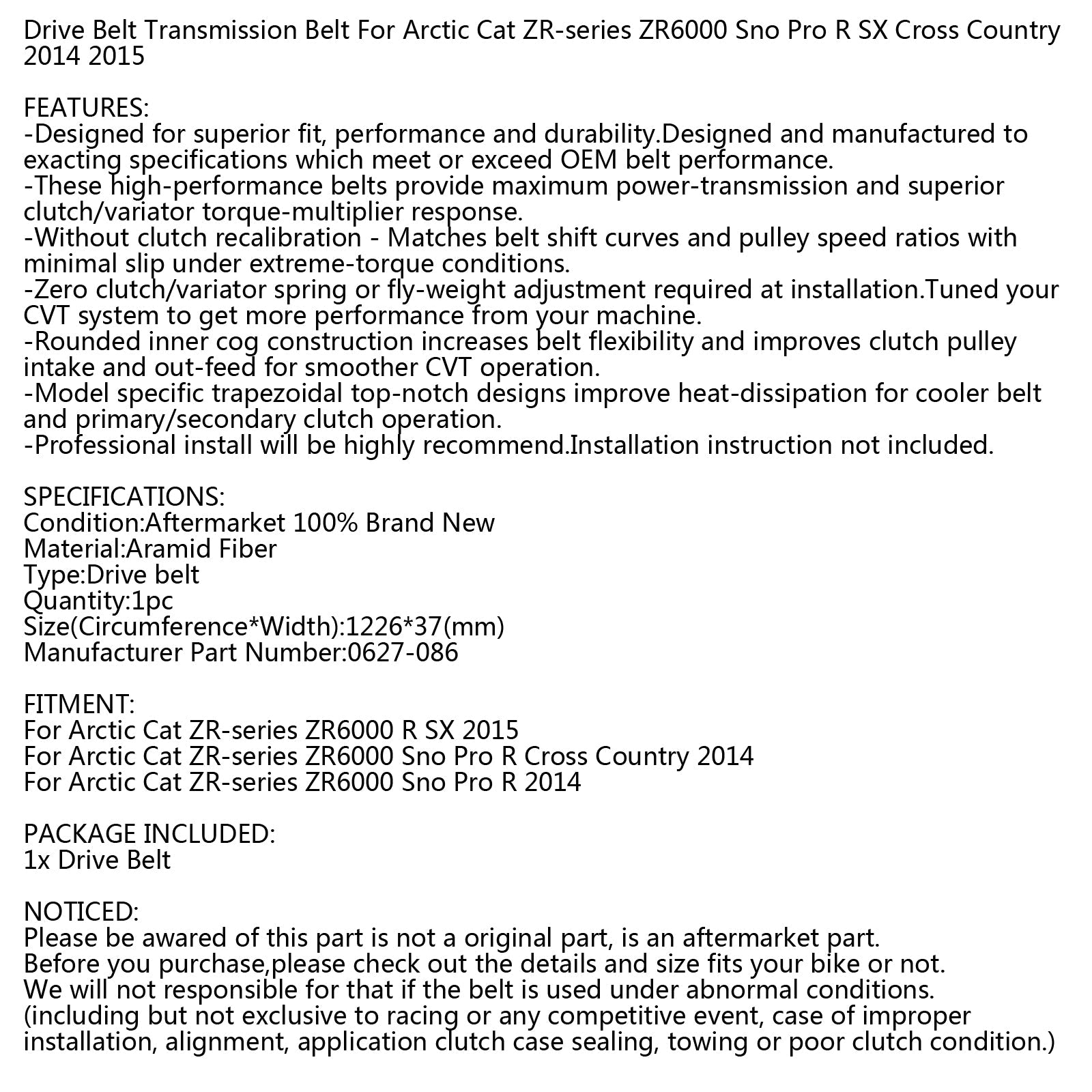 Drive Belt For Arctic Cat ZR-series 0627-086 Snowmobile ZR6000 Sno Pro R 14-15 Generic