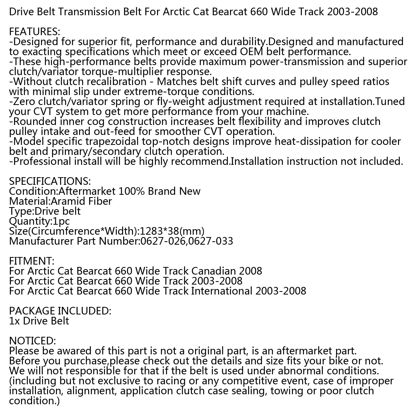 Drive Belt For Arctic Cat 0627-026 0627-033 Snowmobile Bearcat 660 Wide Track Generic