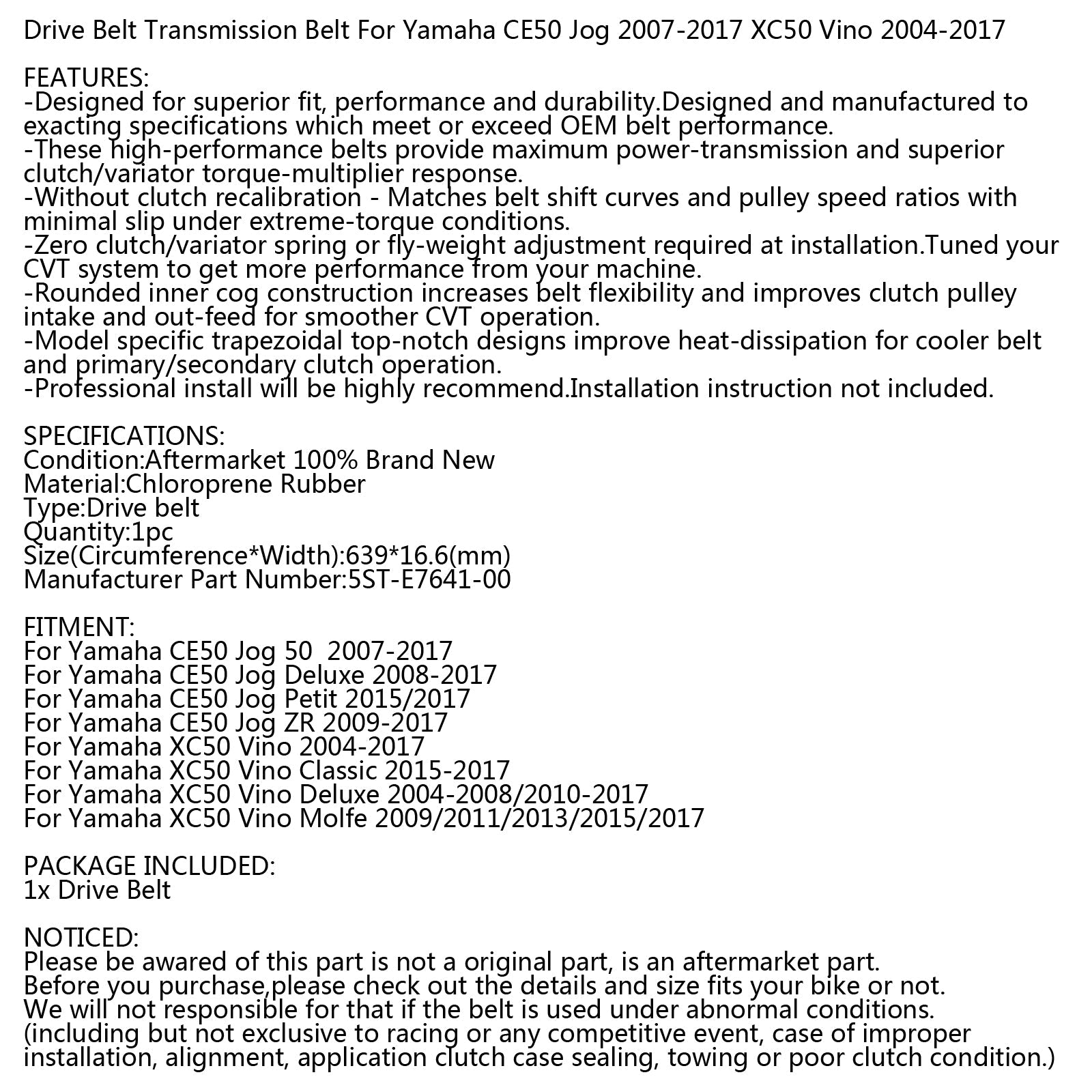 Drive Belt For Yamaha Jog CE50 Vino 50 Classic XC50 2006-2015 5ST-E7641-00-00 Generic