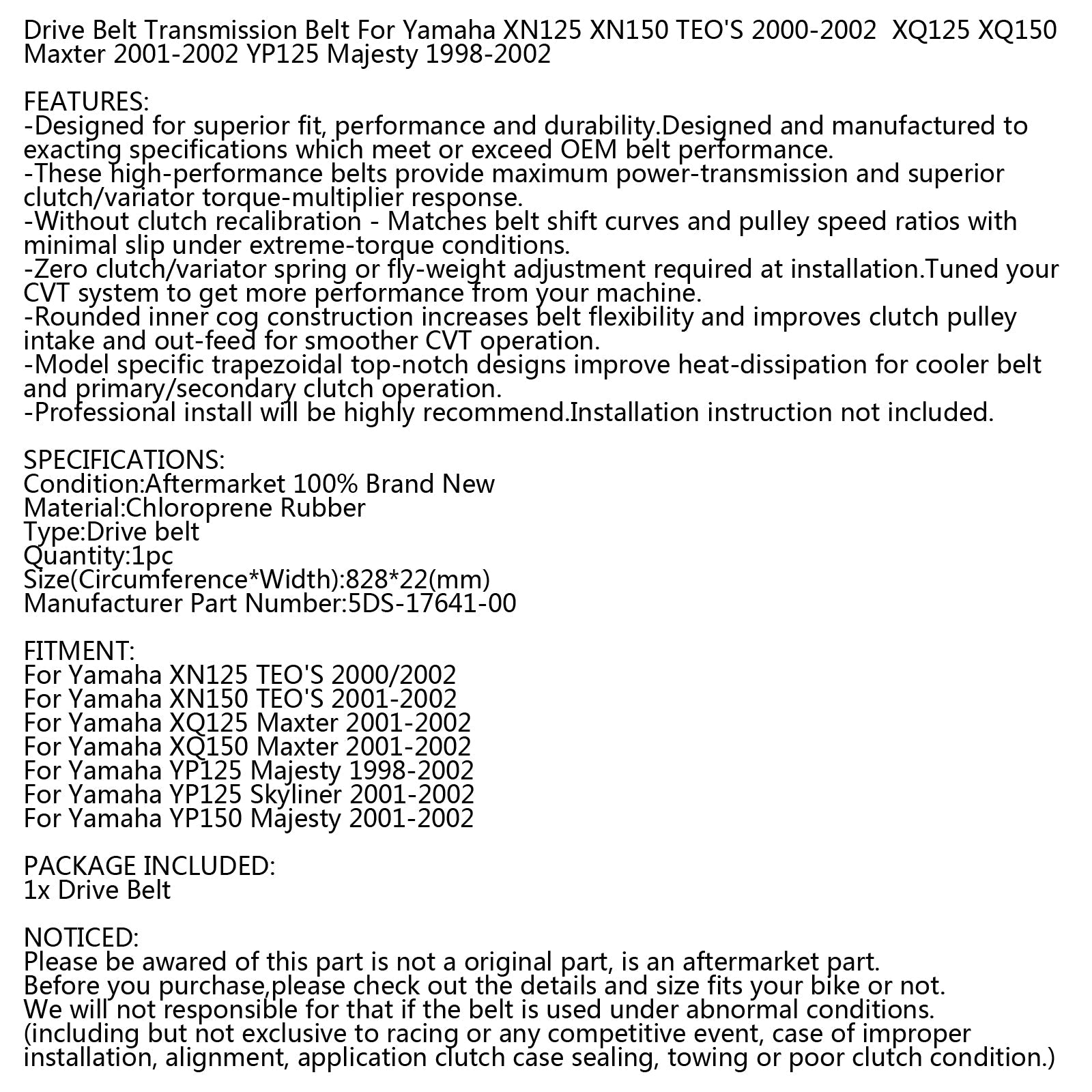 야마하 마제스티 YP 맥스터 XQ TEO'S XN 125 150 98-02 5DS-17641-00 제네릭용 구동 벨트