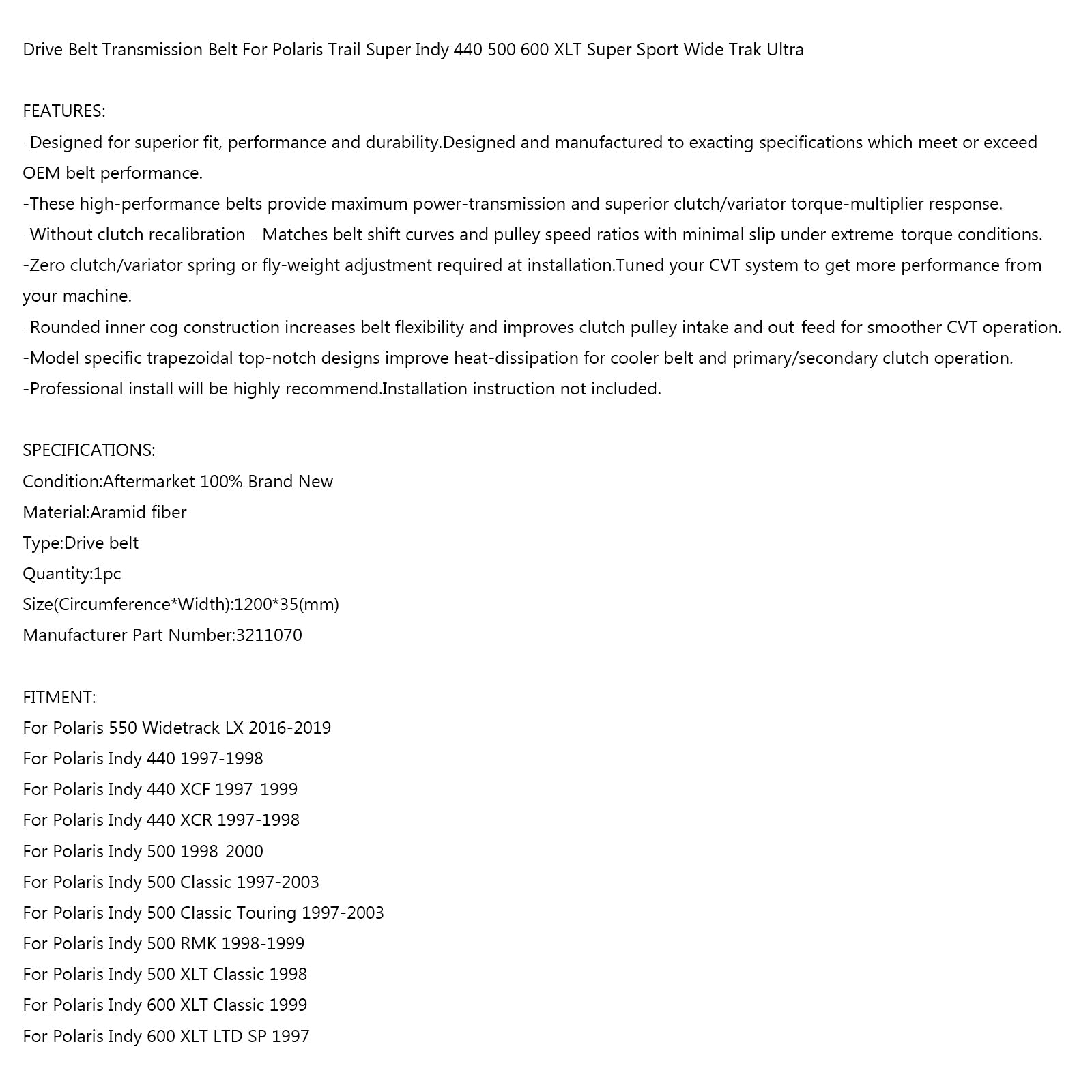 폴라리스 3211070 인디, 스포츠, 트레일, 울트라, 와이드 트랙 제네릭용 드라이브 벨트 1200OCx35W