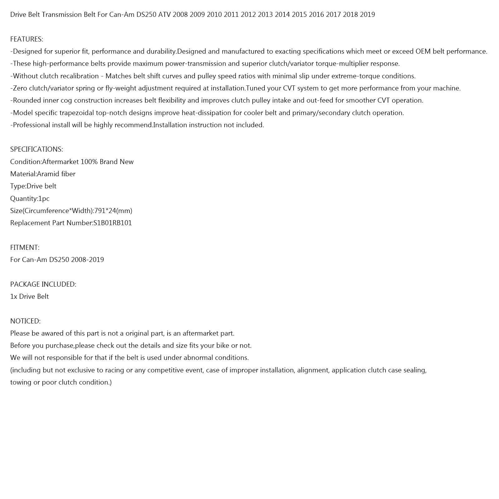 Heavy Duty Drive Belt 791OC x 24W For CAN-AM DS 250 ATV 2008-2019 P/N.S1B01RB101 Generic