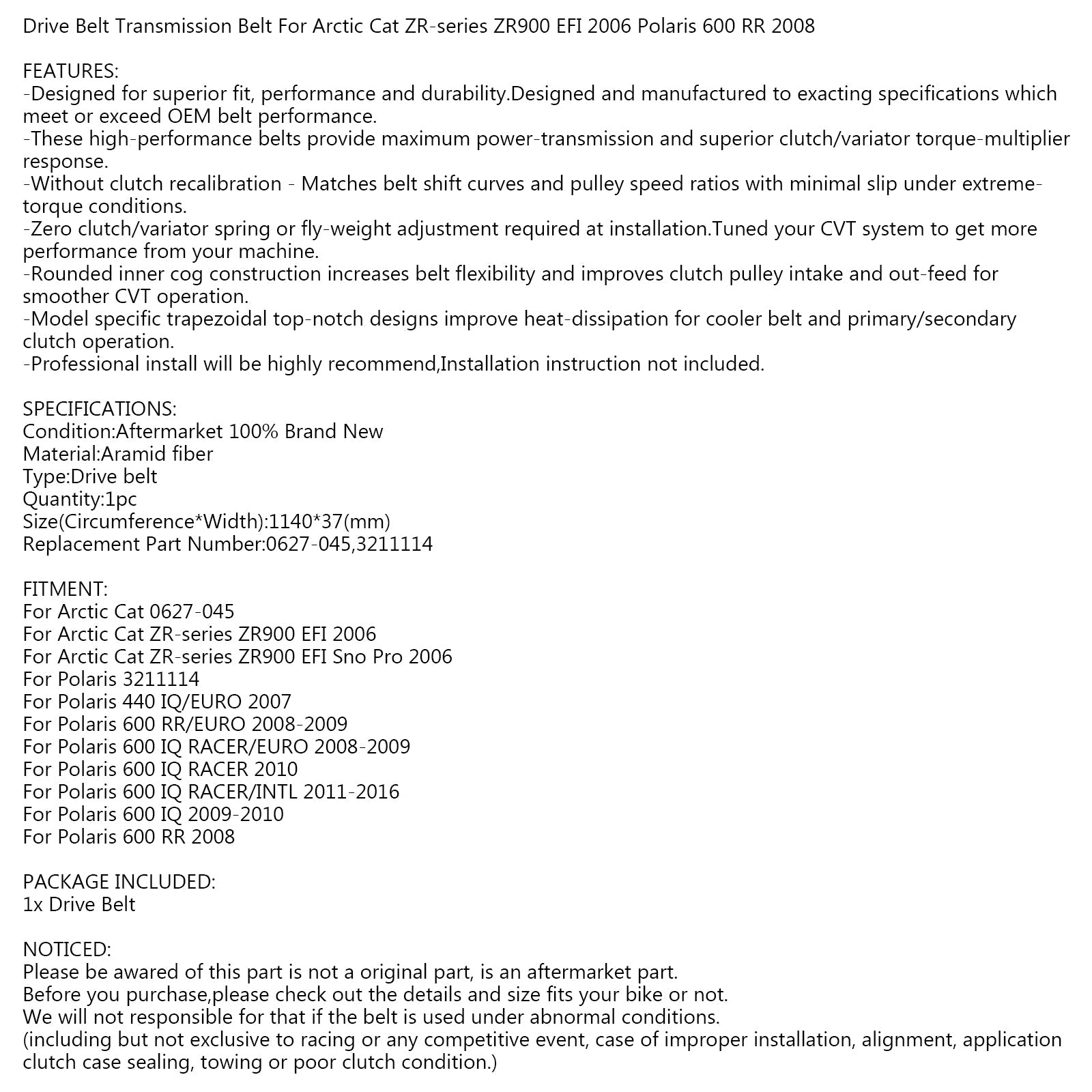 Drive Belt 0627-045 For Arctic Cat ZR900 EFI Polaris 600 RR IQ RACER 2008 Generic