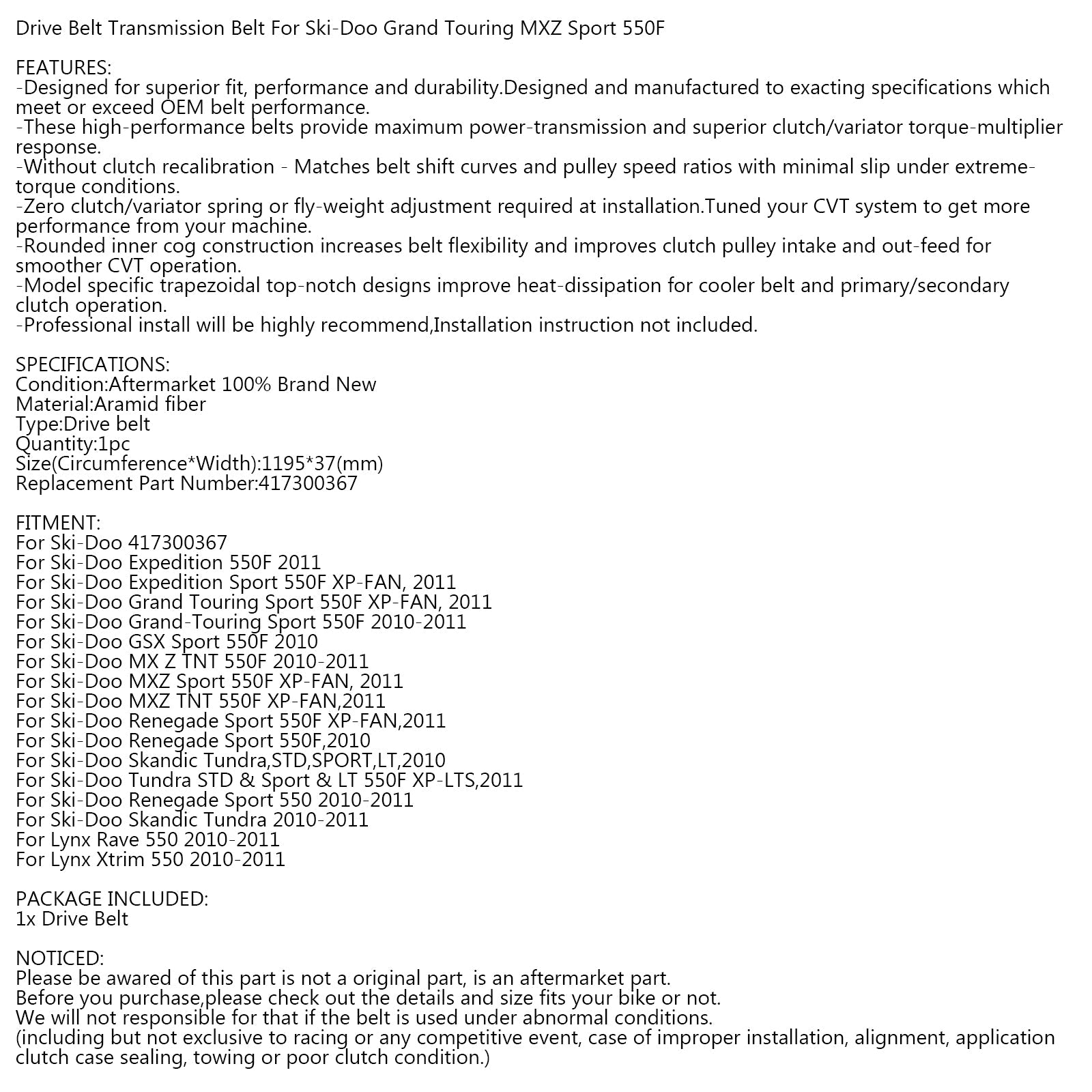 Ski-Doo Expedition Renegade MXZ GSX Sport 550F 2010용 구동 벨트 417300367 일반