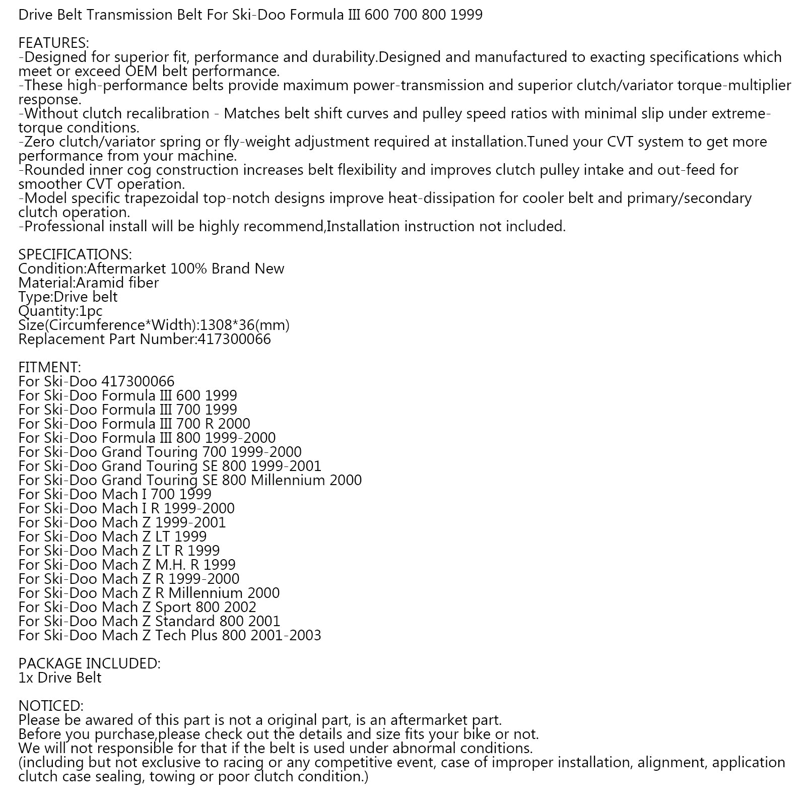 Drive Belt 417300066 for Ski-Doo Mach I 700 1999 Grand Touring 700 800 2000 Generic