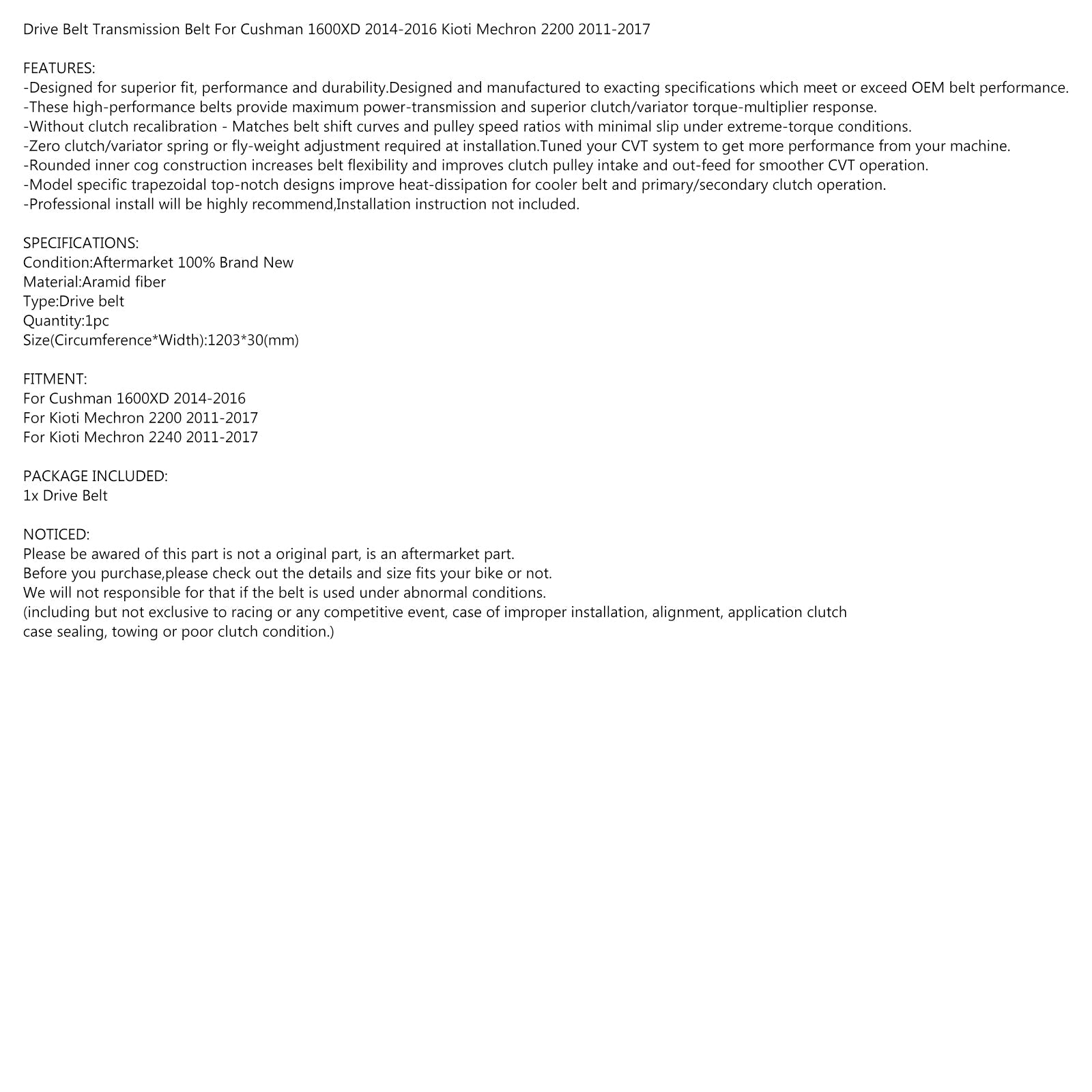 Drive Belt for Cushman 1600XD 2014-2016 Kioti Mechron 2200 11-17 Mechron 2240 Generic