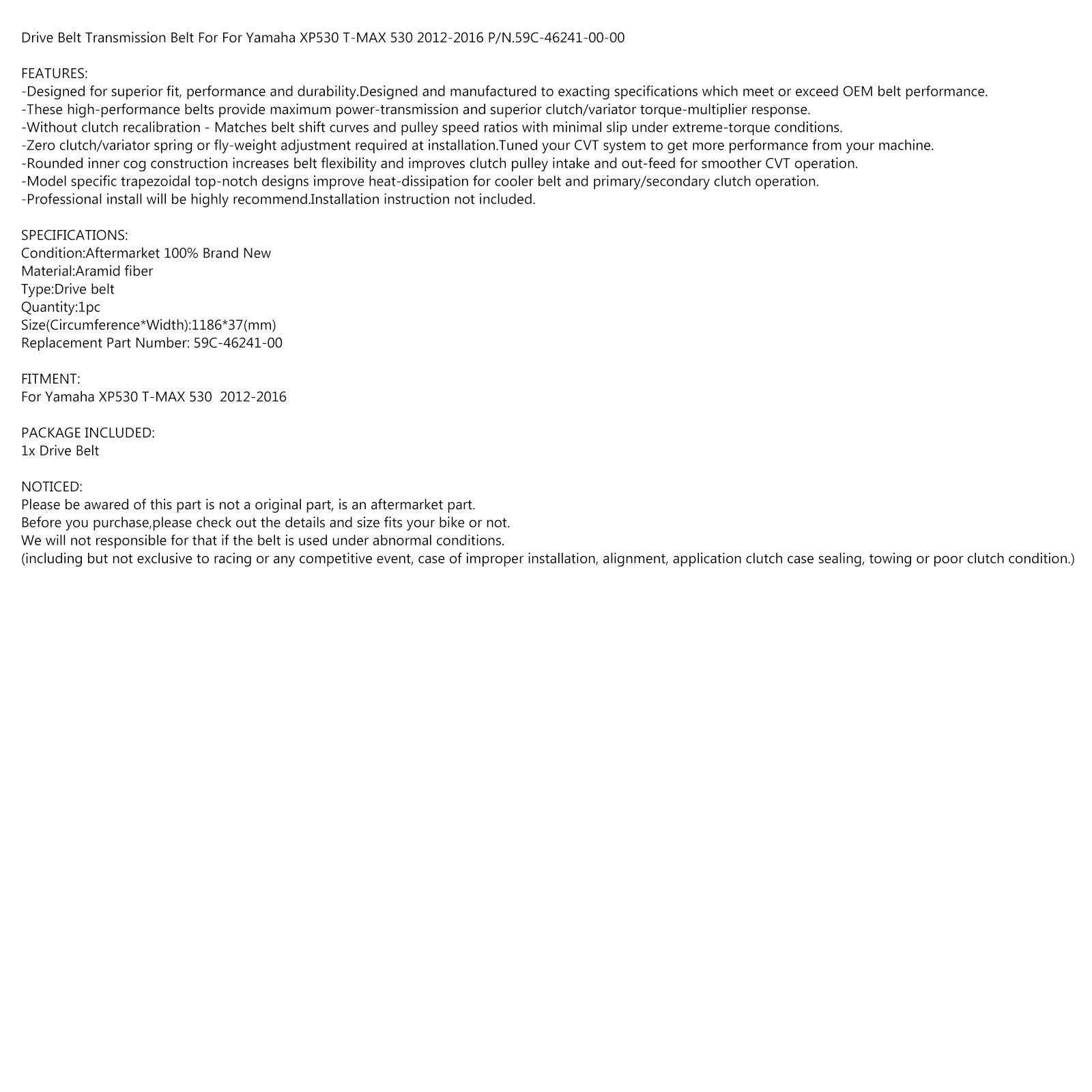 Yamaha XP530 T-MAX 530 12-16 59C-46241-00 일반용 외부 최종 변속 벨트