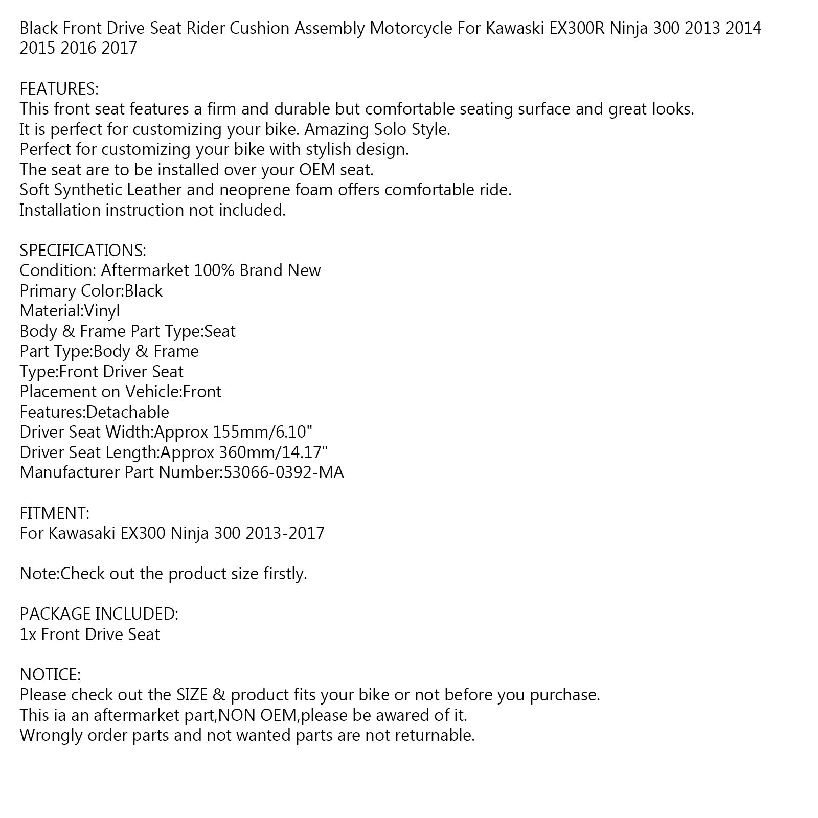 Black Front Driver Seat Rider Cushion Fit For Kawasaki EX300 Ninja 300 13-17 Generic