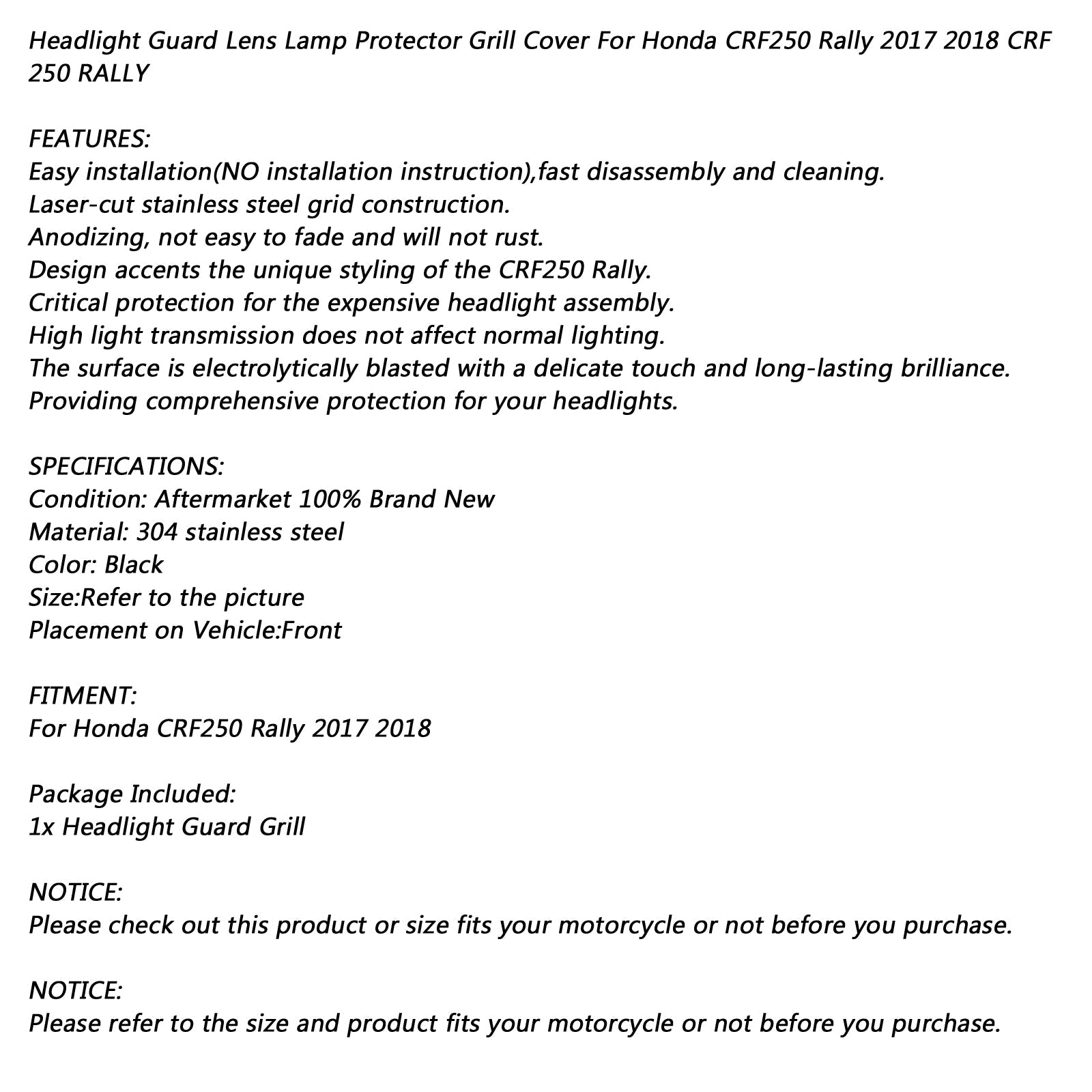 Head Light Guard Grill Protecter Cover Black For HONDA CRF250 Rally 2017 2018 Generic