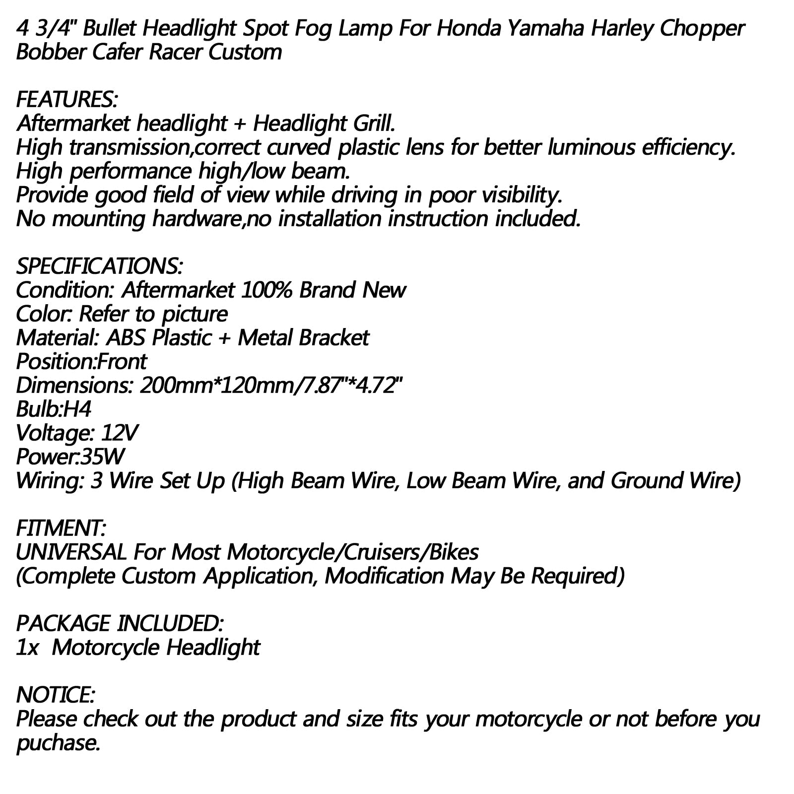 Bullet Headlight Lamp 4 3/4 Motorcycle For Harley Chopper Bobber Custom Generic