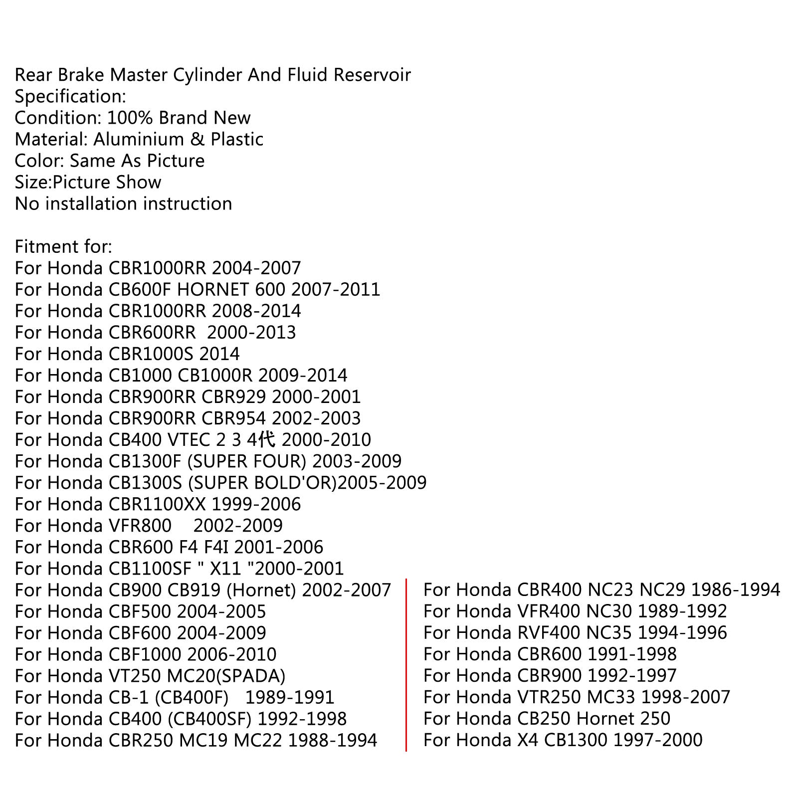 Cilindro maestro de freno trasero y depósito de líquido para Honda CR 85 125 250 XR CBR600 Genérico