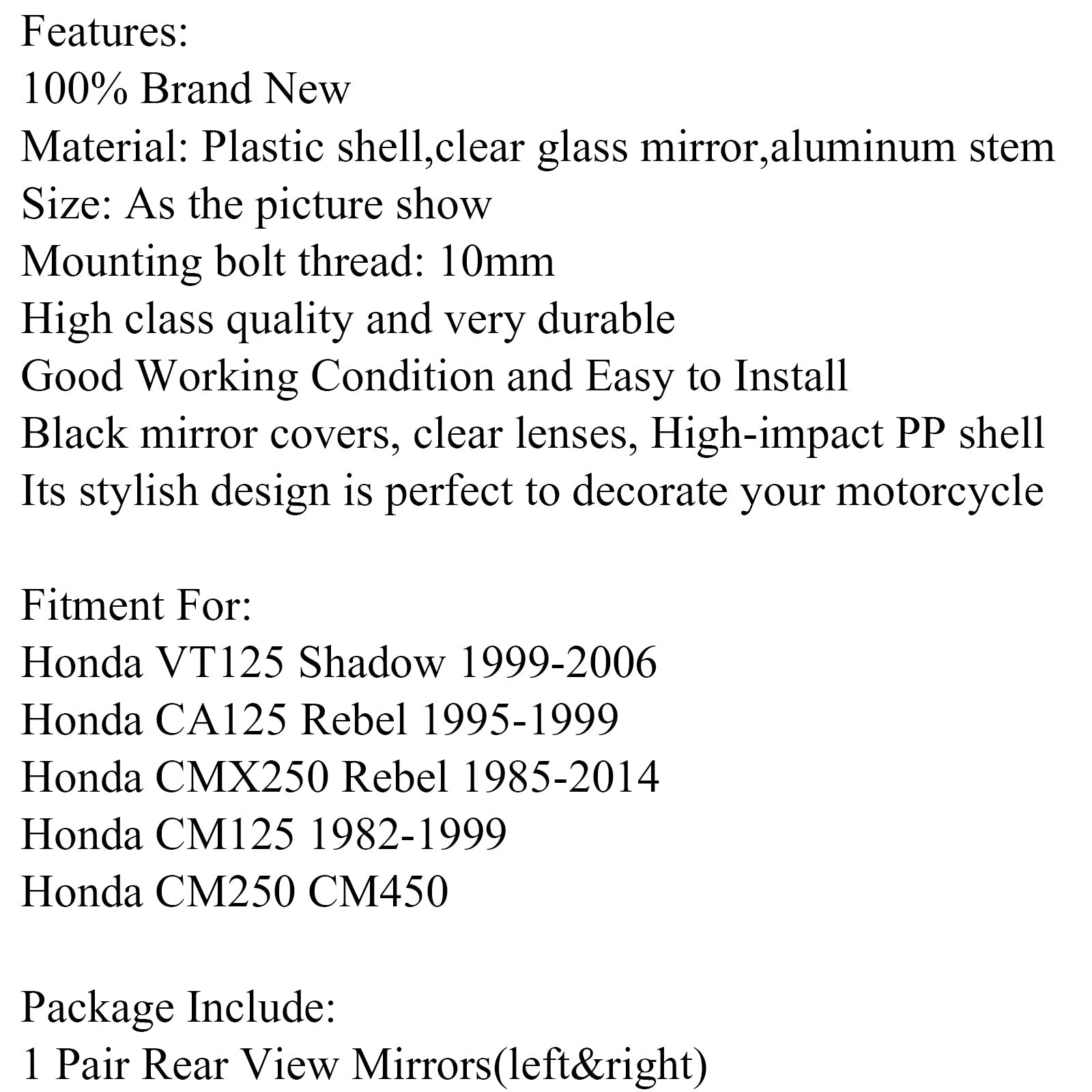 혼다 CA125 CMX250 Rebel CM125 VT125 Shadow 제네릭용 오토바이 백미러 한 쌍