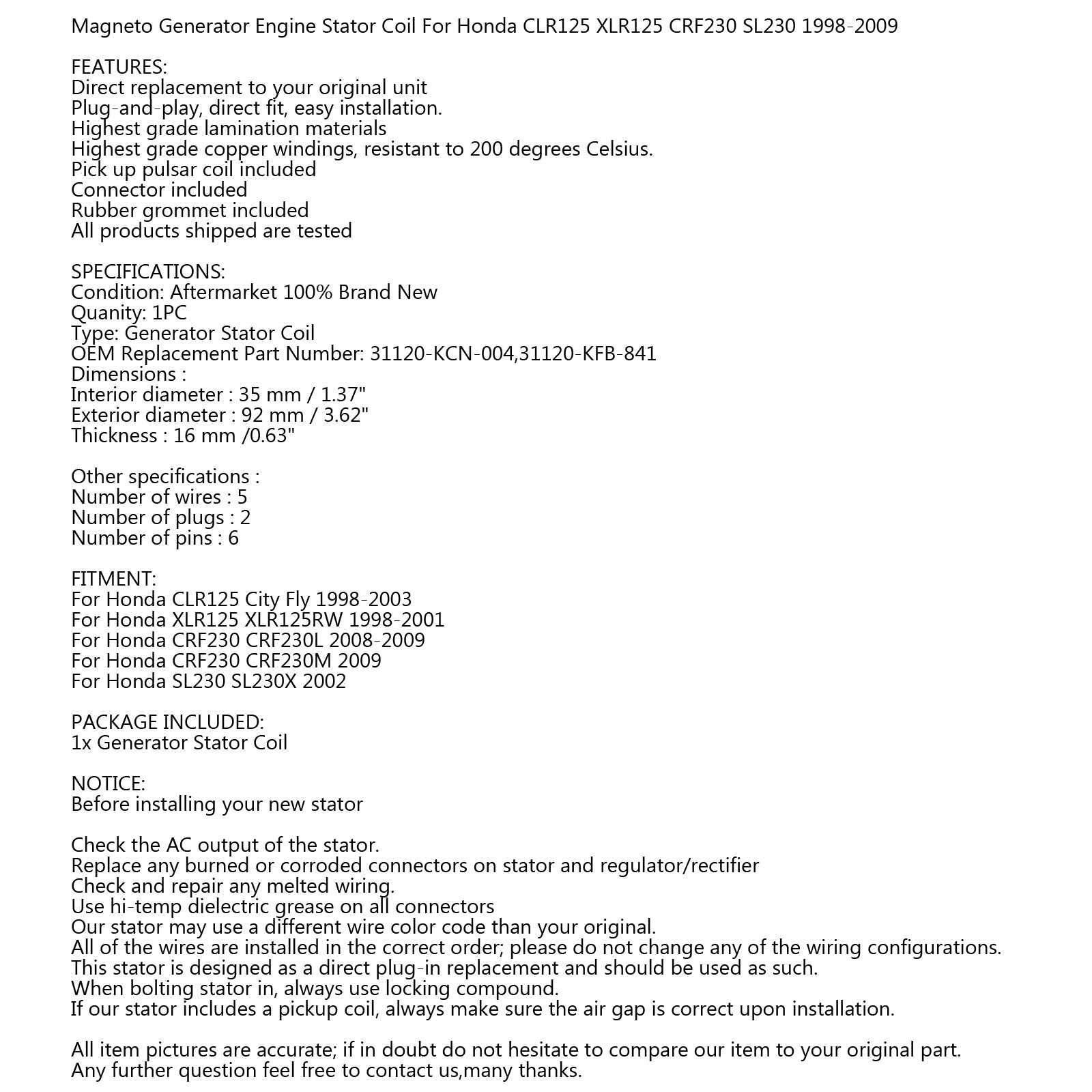 Generator Stator Coil For CLR125 XLR125 98-03 CRF230 SL230 02-09 31120-KFB-841 Generic