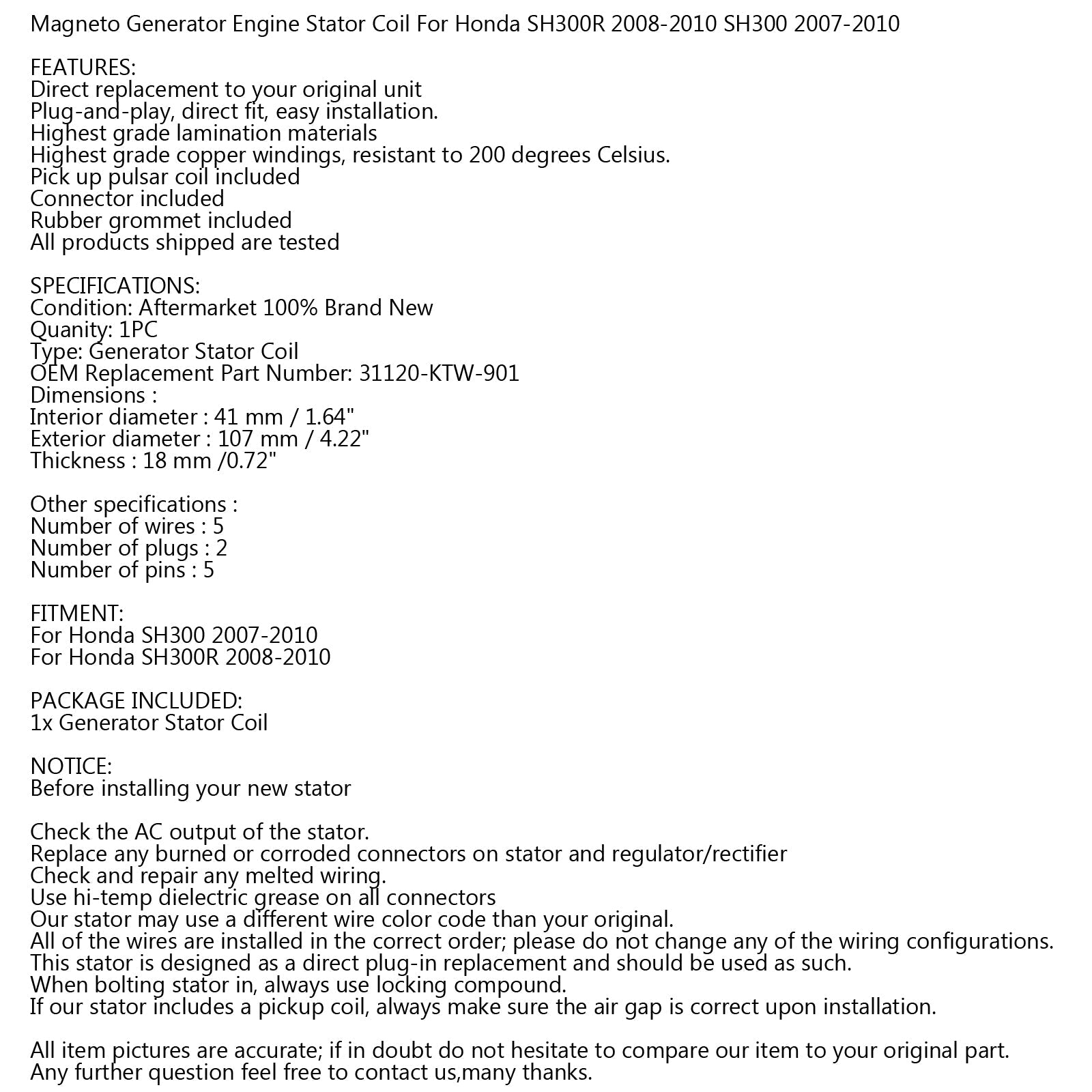 Generator Stator Coil For Honda SH300 NF02 2007-2010 SH300R 2008 2009 2010 Generic