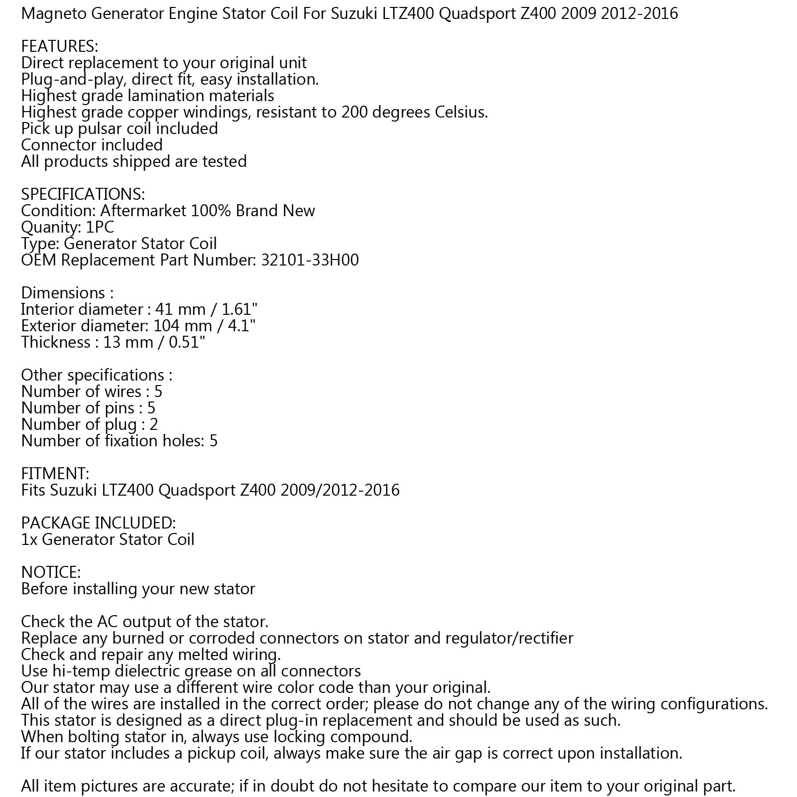 Magneto Generator Stator Coil For Suzuki LTZ 400 Quadsport Z400 2009 2012-2016 Generic