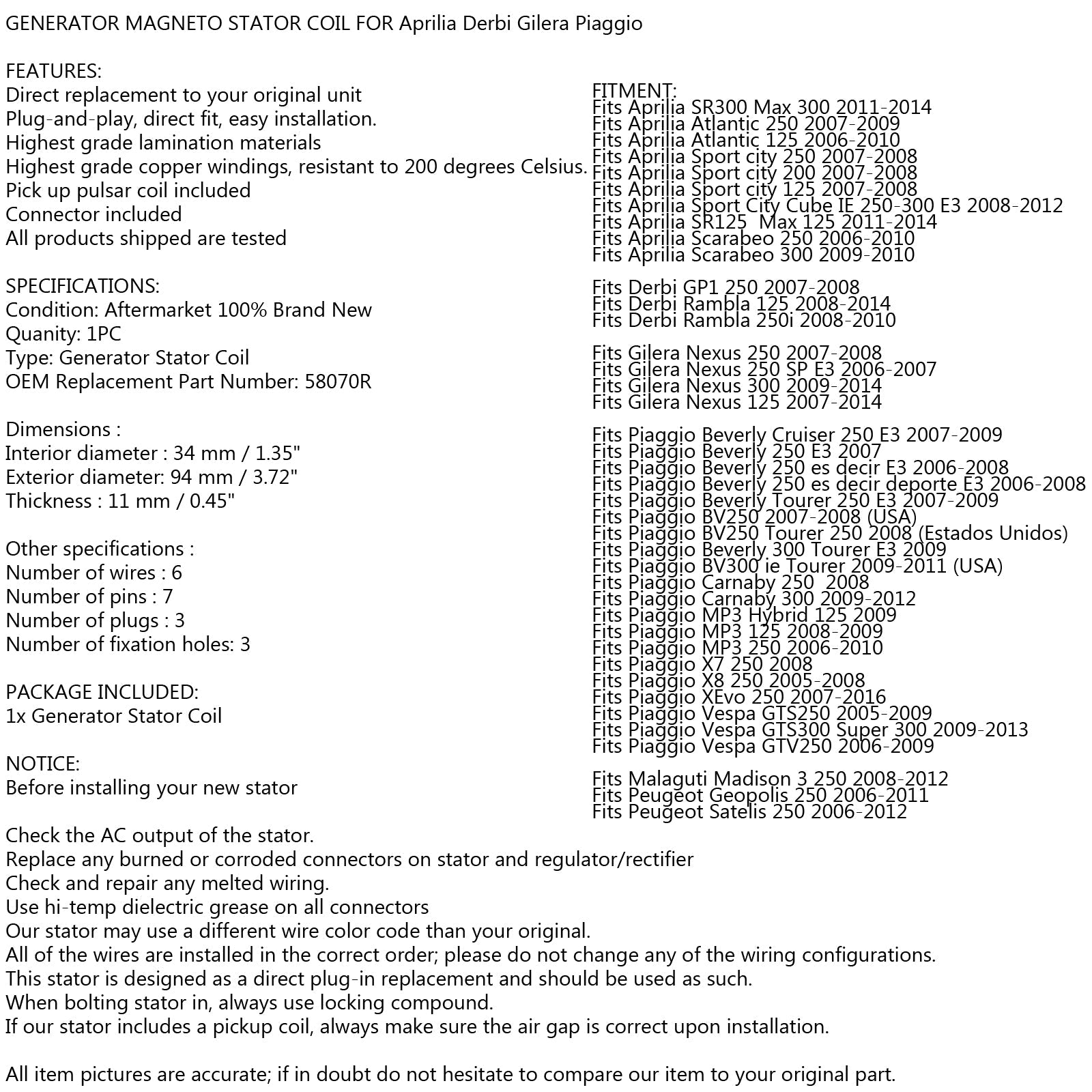 STATOR Fits Aprilia Atlantic SR Sport City Scarabeo 125 200 250 300 2006-2014 Generic