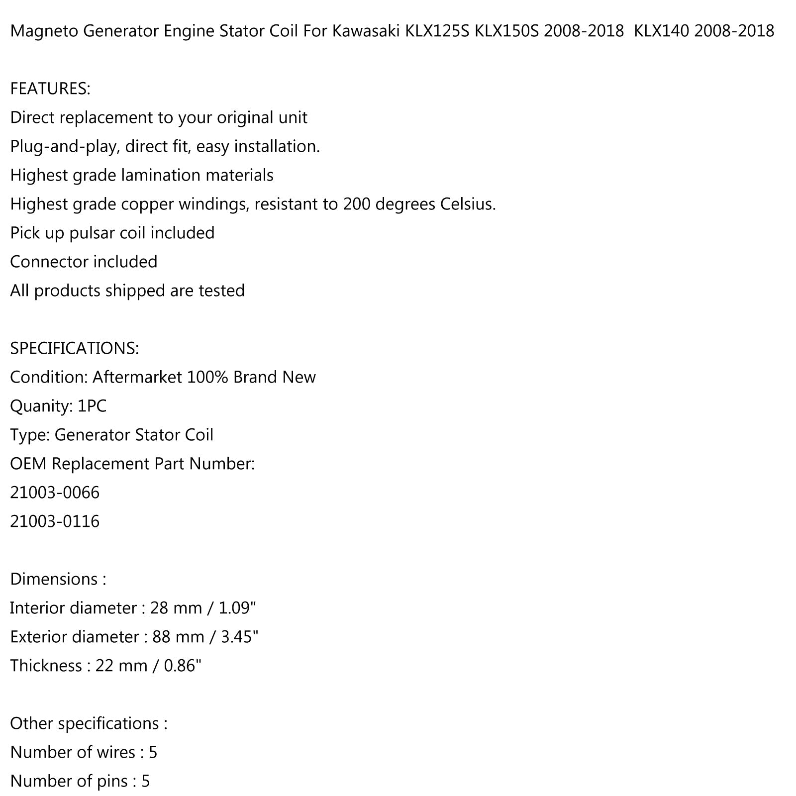 Magneto Generator Stator Coil For Kawasaki KLX125S KLX150S KLX140 L A G 08-18 Generic