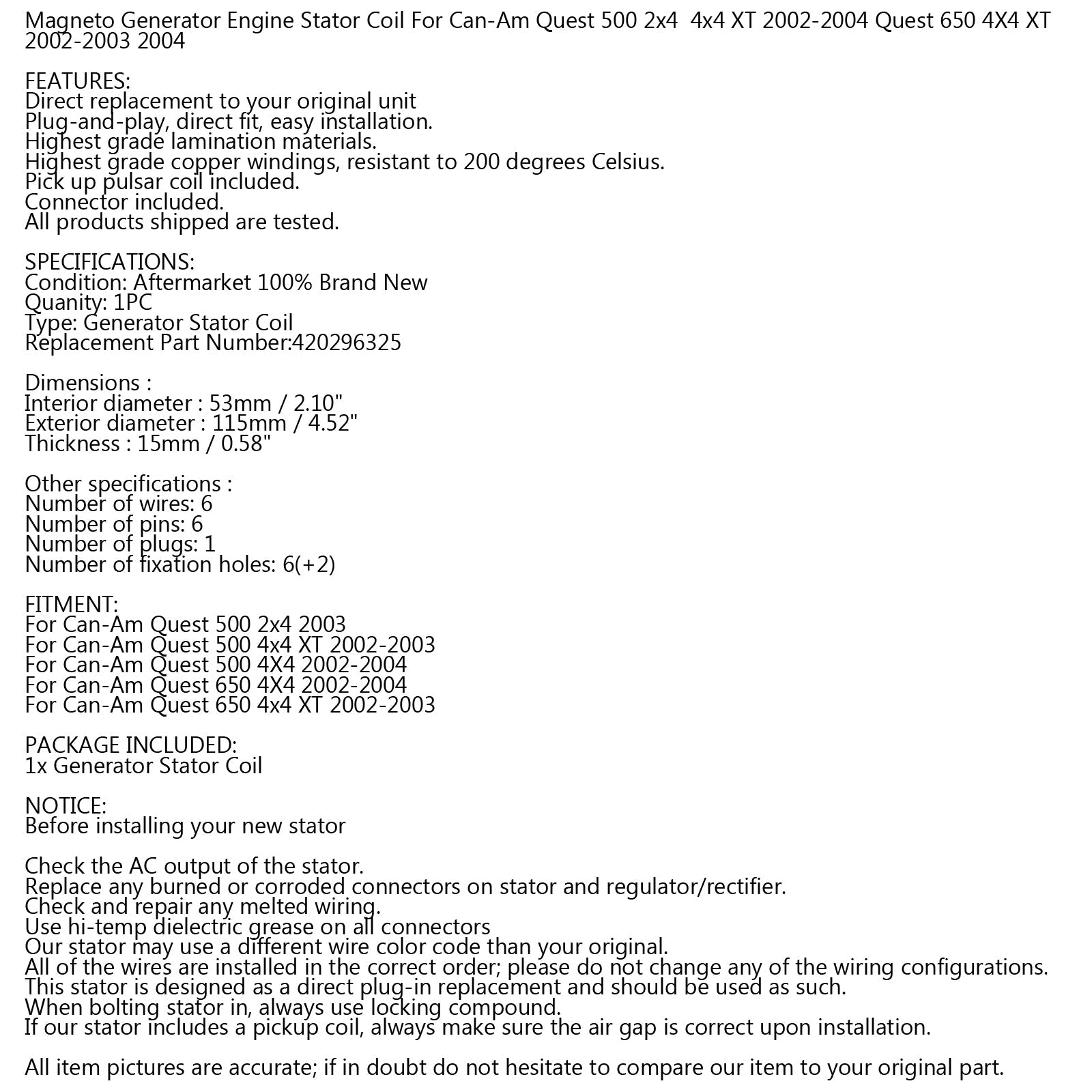 Alternator Stator Coil For Can-Am Quest 500 650 4x4 02-04 Bombardier 420296325 Generic
