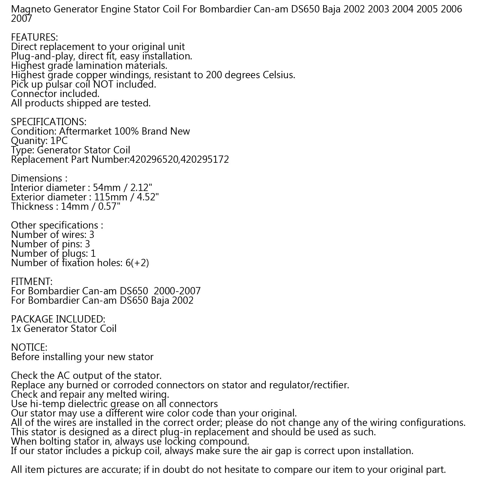 Alternator Stator Coil For Bombardier Can-am DS650 2000-2007 420296520 420295172 Generic