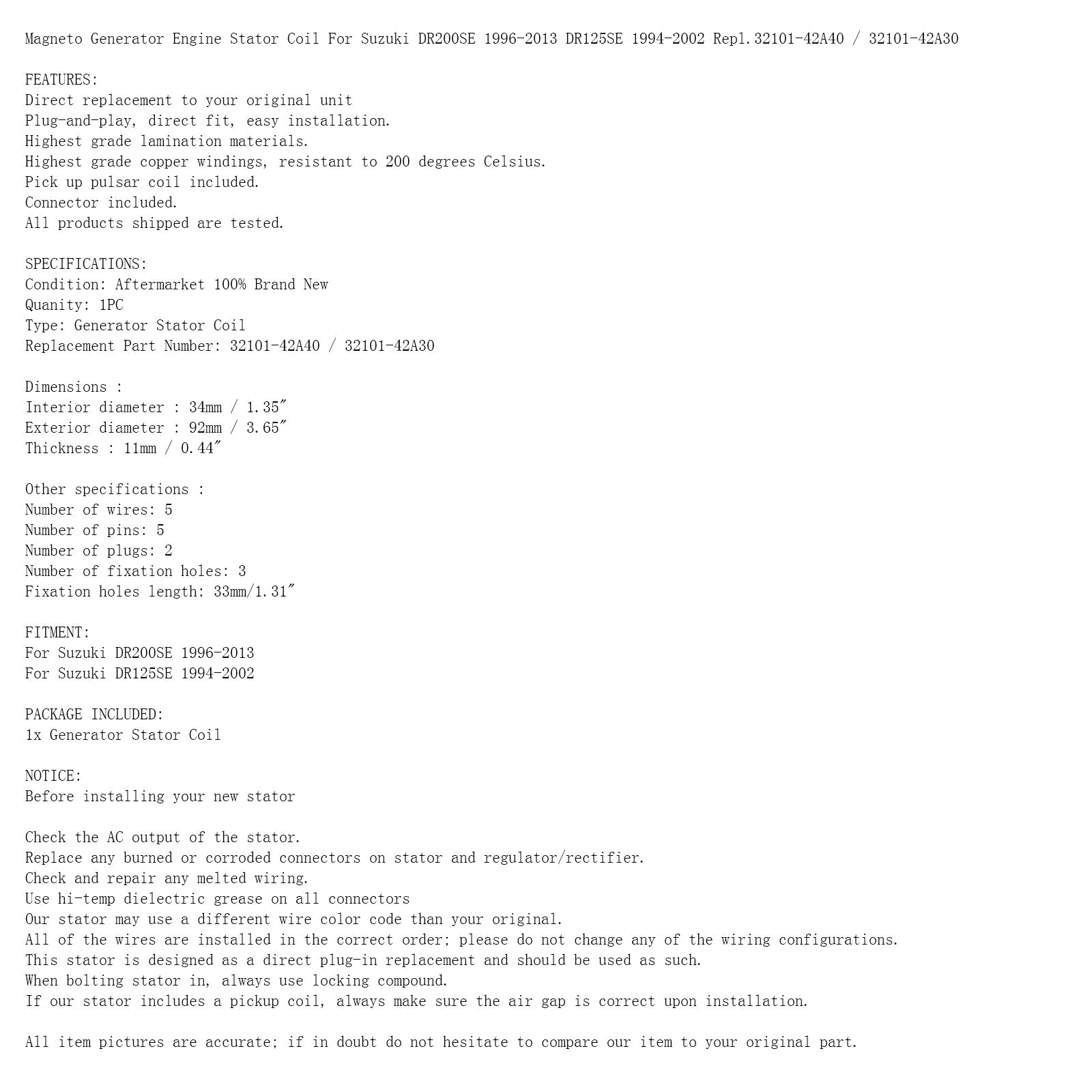 Bobina del estator del motor del generador Magneto para Suzuki DR 125 200 SE 1994-2013 32101-42A30 32101-42A40