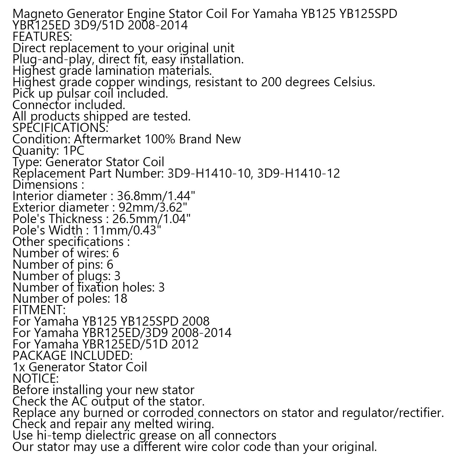 Magneto Stator For Yamaha YB125 YB125SPD YBR125ED/3D9 YBR125ED/51D 2008-2014 Generic
