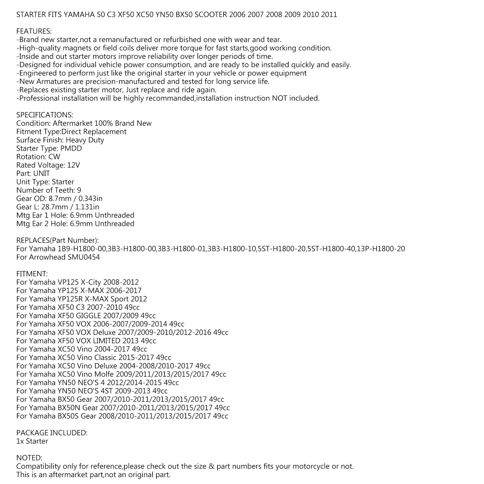 New Starter For Yamaha 50 C3 GIGGLE XF50 VOX XC50 Vino YN50 BX50 Scooter 04-17 Generic