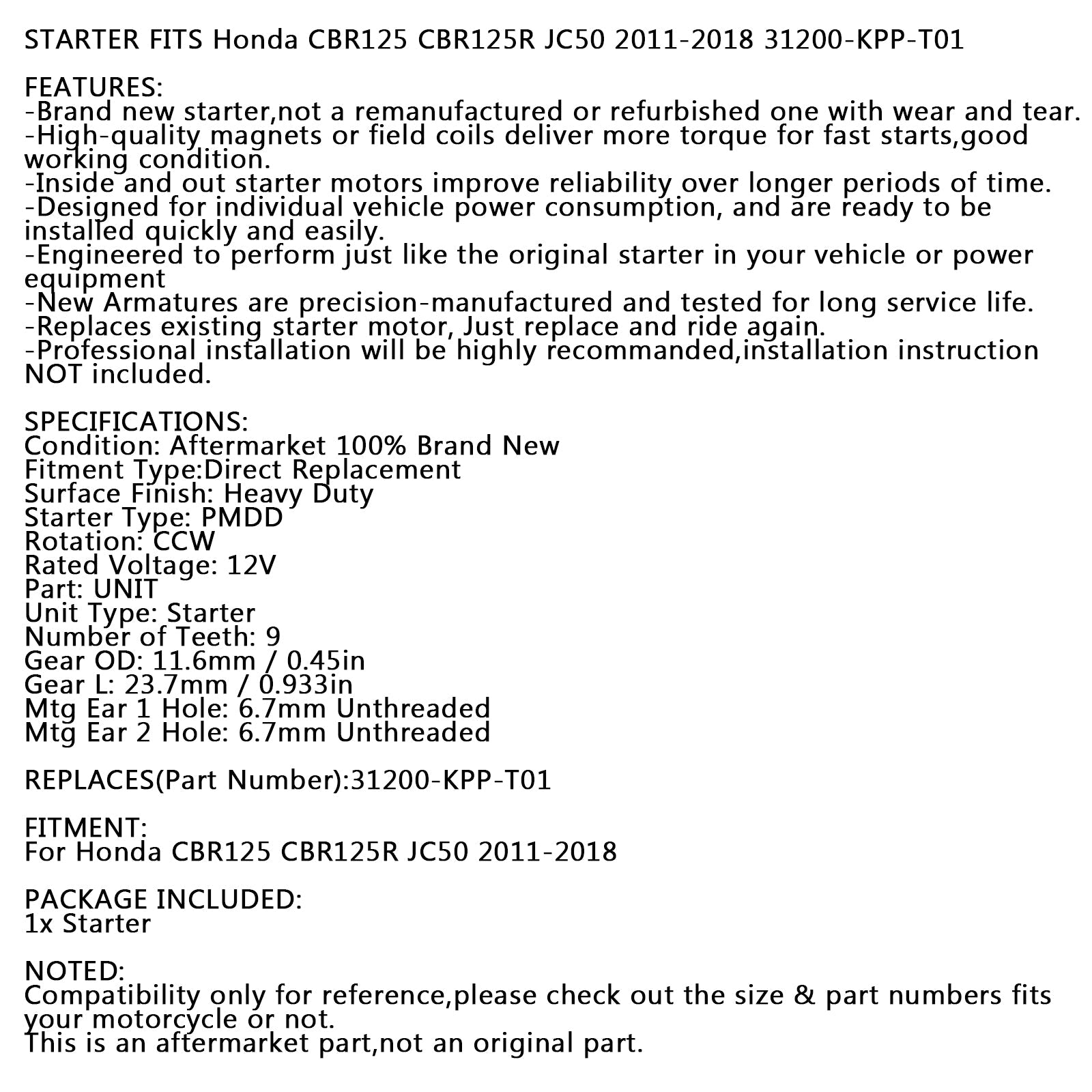 New Starter PMDD CCW 9-Tooth 12V For Honda CBR125R JC50 2011-2018 31200-KPP-T01 Generic