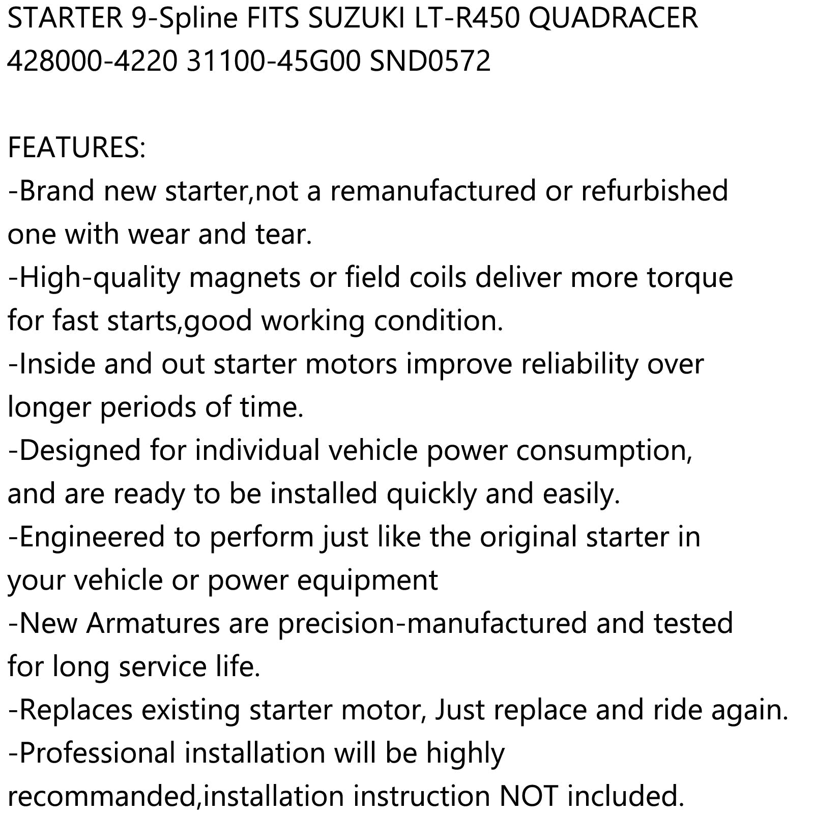 SUZUKI LTR450 LT-R450 LT-R450Z QUADRACER 450 2006-2011용 스타터 31100-45G00 일반