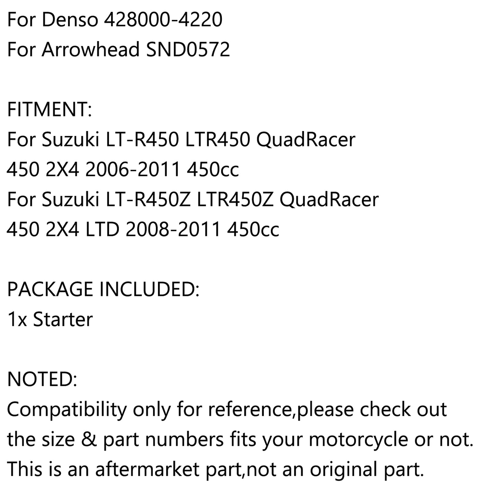 SUZUKI LTR450 LT-R450 LT-R450Z QUADRACER 450 2006-2011용 스타터 31100-45G00 일반