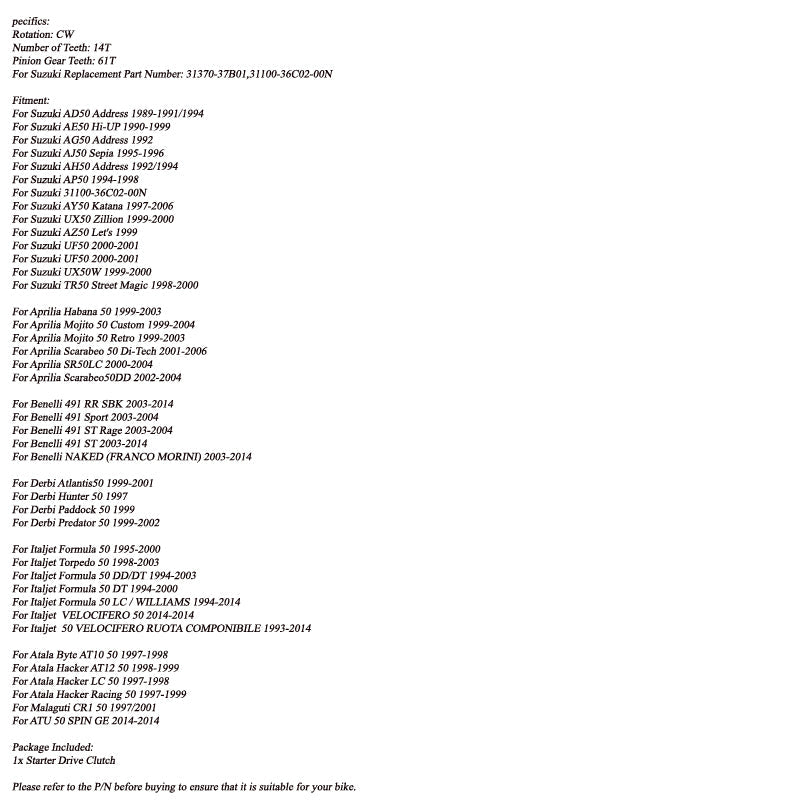 스즈키 아프릴리아 데르비 이탈젯 아탈라 50cc 베넬리 491 제네릭용 스타터 피니언 기어