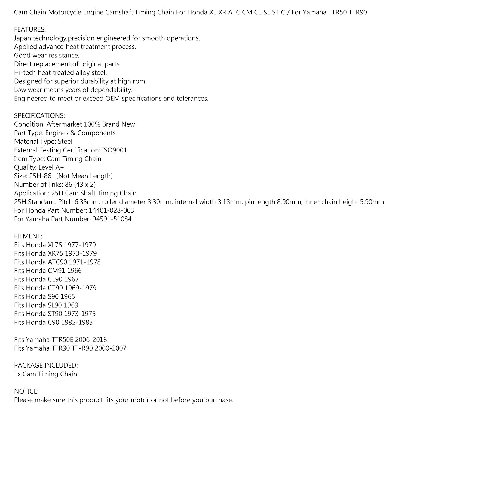 Cadena de distribución de levas 86L para Honda CT9 C ST S CL CM ATC 90 1965-83 #14401-028-003 Genérico