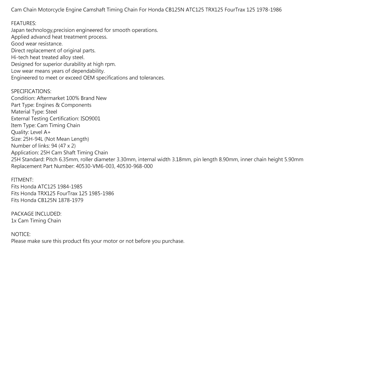혼다 TRX125 FourTrax 125 ATC125 84-86 CB125N 78-79 일반용 캠 타이밍 체인 25H-94L