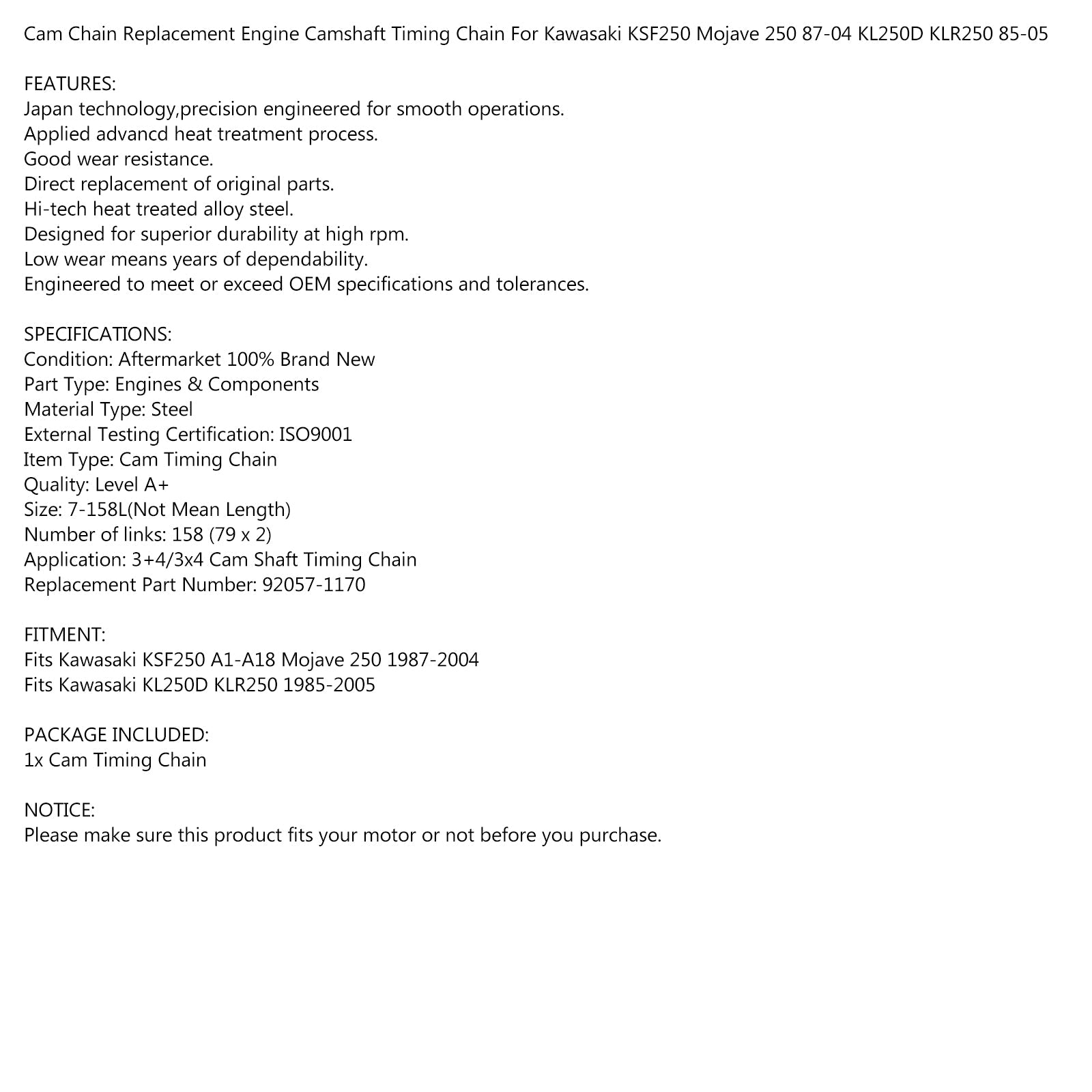 Cadena de leva 158 eslabones para Kawasaki 90-05 KLR250 85-89 KL250 87-04 KSF250 MOJAVE Genérico