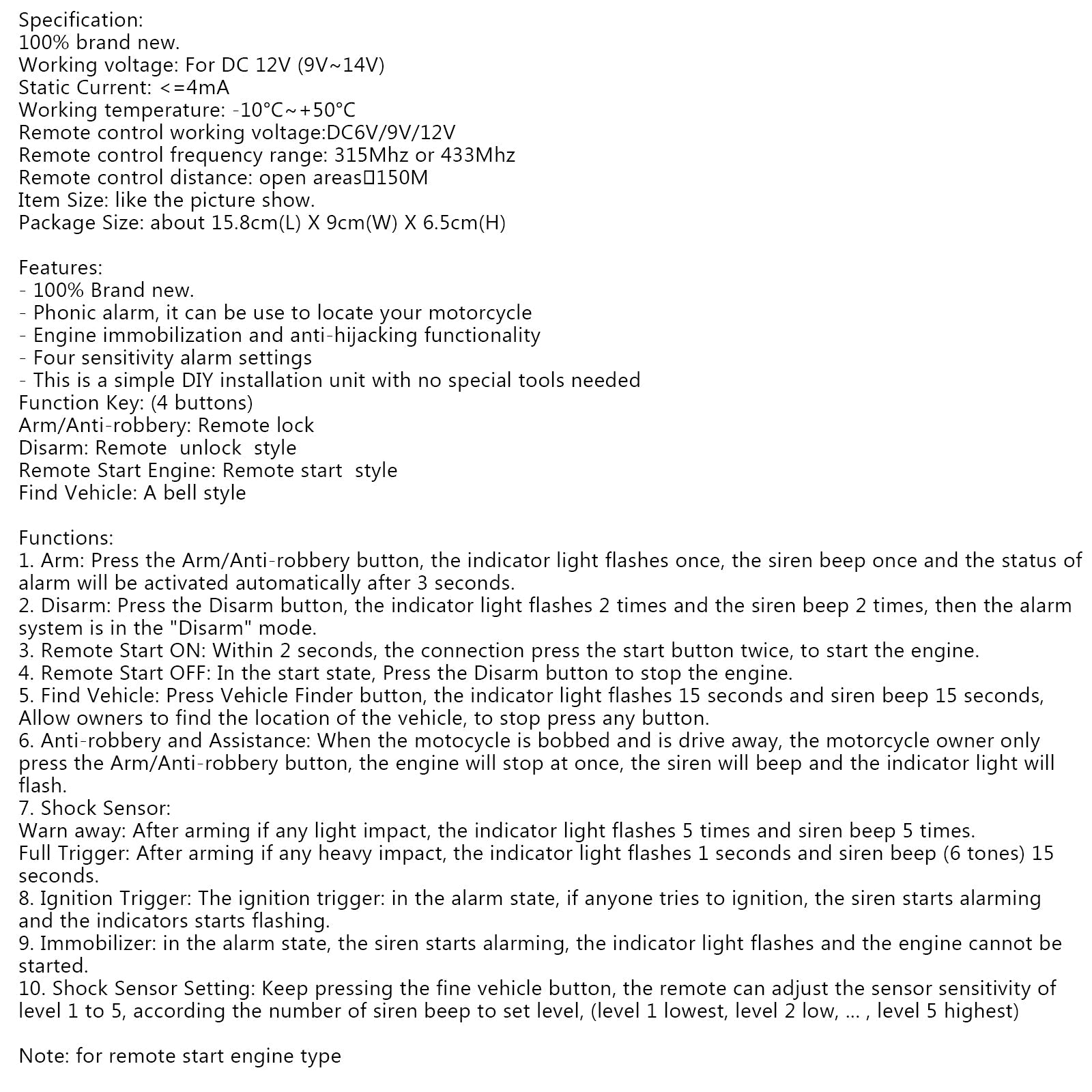 Motorcycle Scooter Security Alarm System Anti-theft Remote Control Engine Start Generic